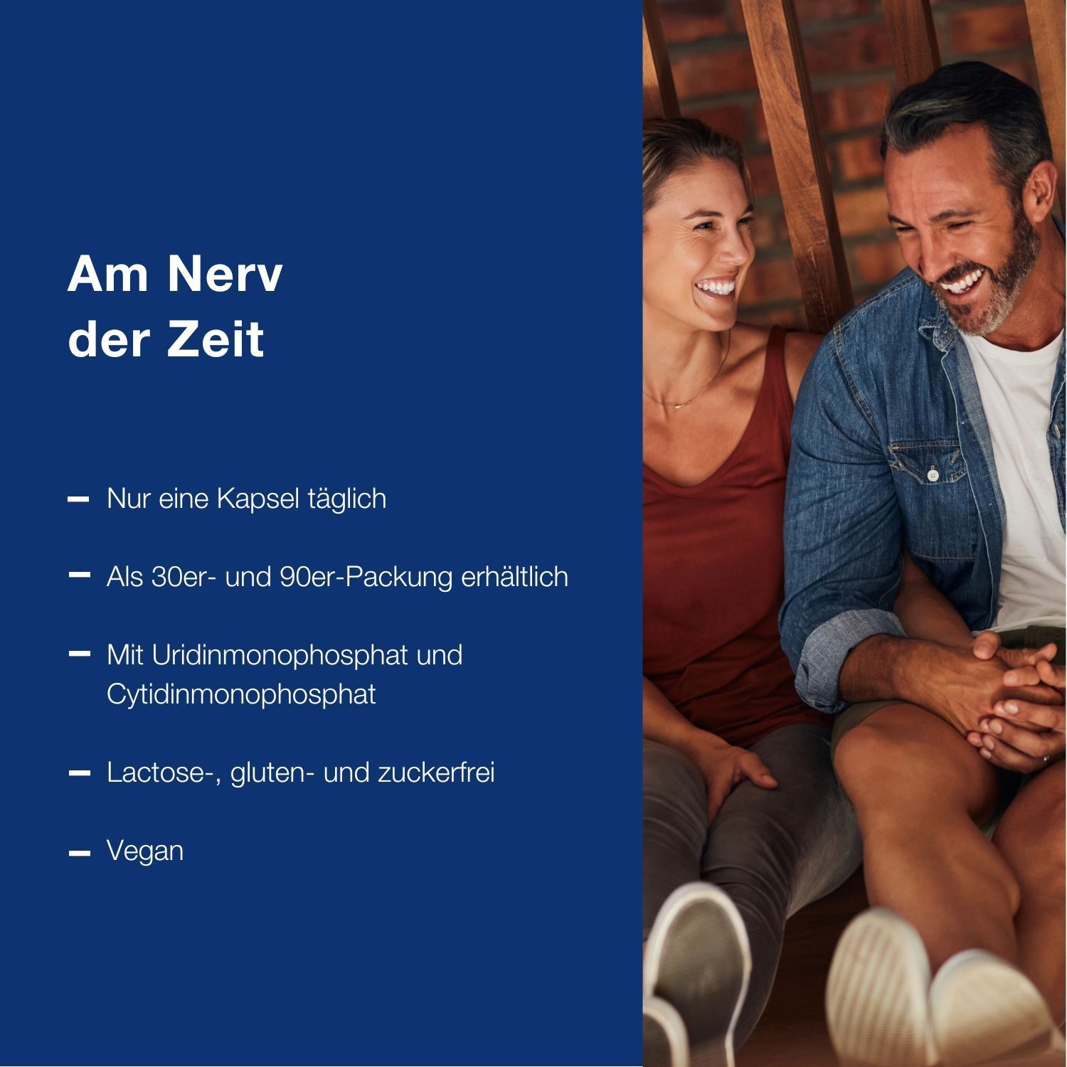 Paar sitzt. Text: "Am Nerv der Zeit". Informationen zu Dosierung, Inhaltsstoffen, und Vegan.
