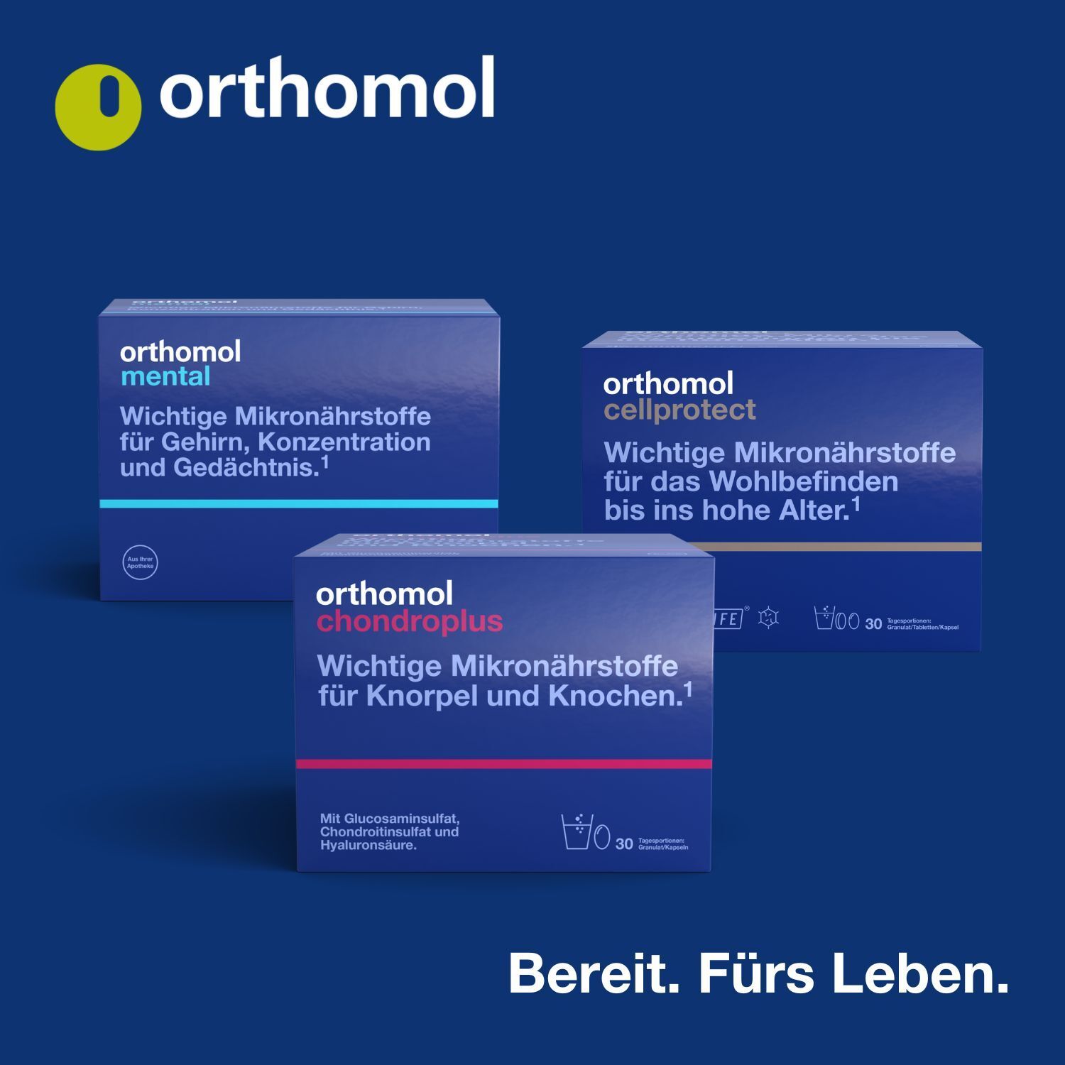 Drei Schachteln: Orthomol mental, cellprotect, chondroplus. Alle blau, mit Logo und Produktnamen.
