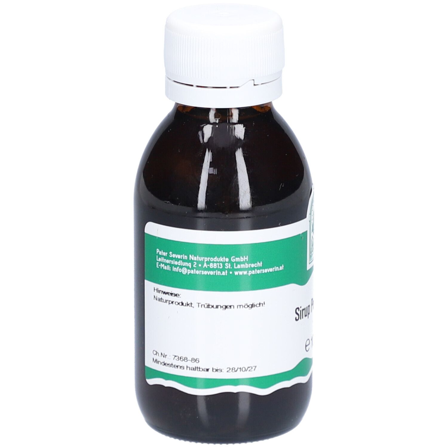 Braune Flasche mit weißem Deckel. Rückseite mit Herstellerinformationen.