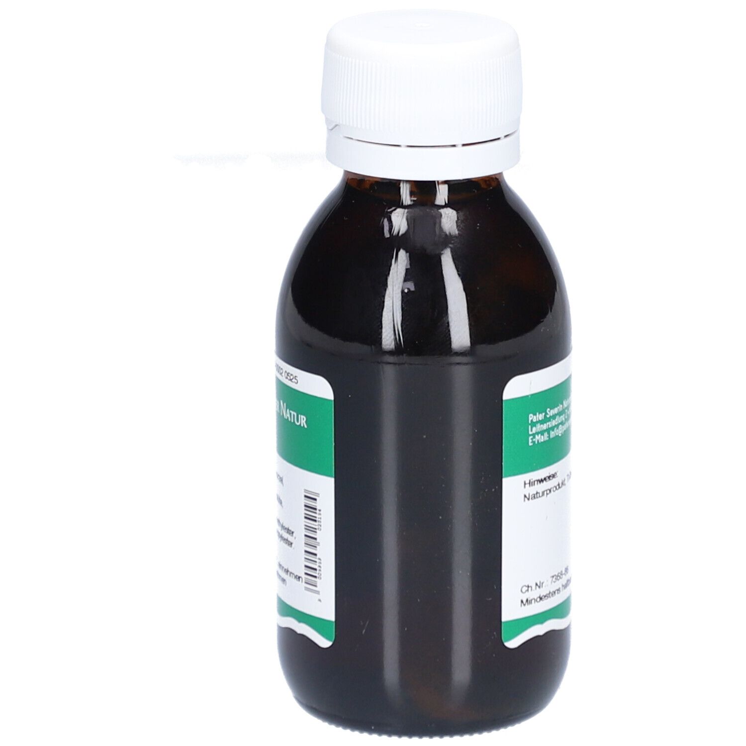 Braune Flasche mit weißem Deckel. Seitenansicht mit Etikett.