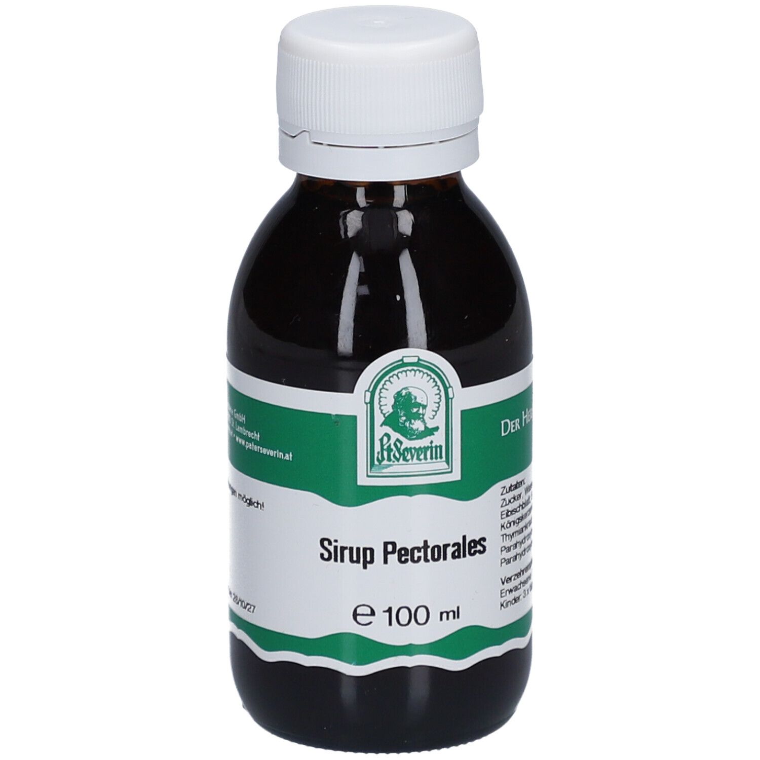 Braune Flasche mit weißem Deckel. Etikett mit Produktname und Logo.