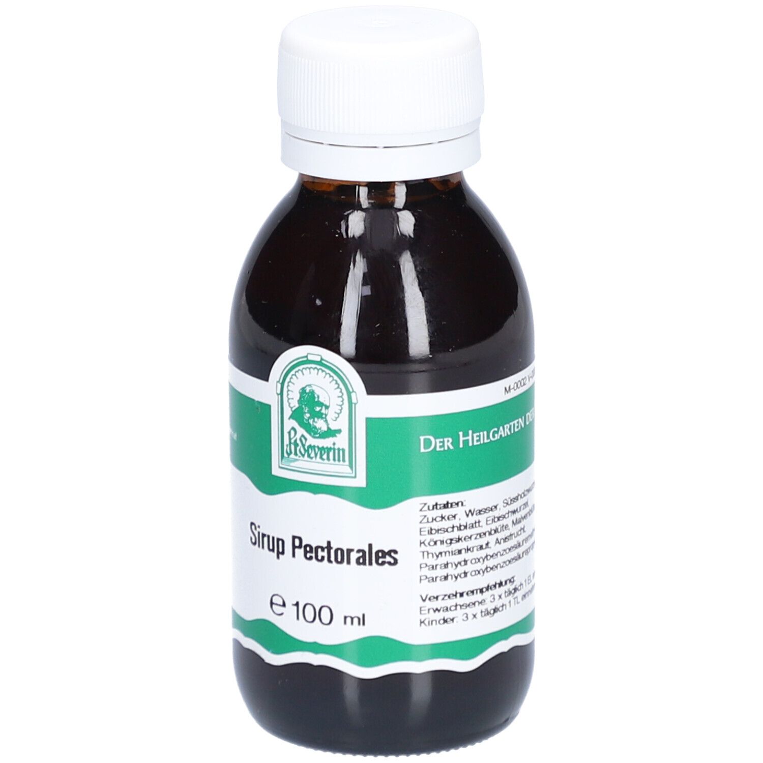 Braune Flasche mit weißem Deckel. Etikett mit Produktname, Logo und Inhaltsstoffen.
