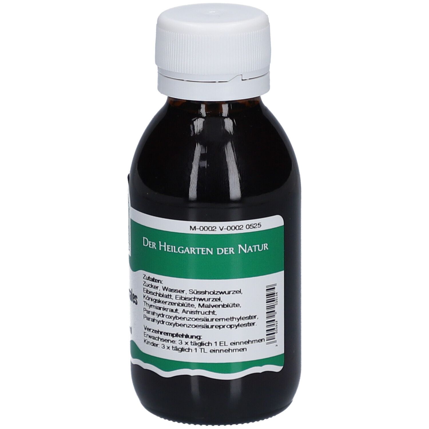 Braune Flasche mit weißem Deckel. Etikett mit Produktname, Logo und Inhaltsstoffen.