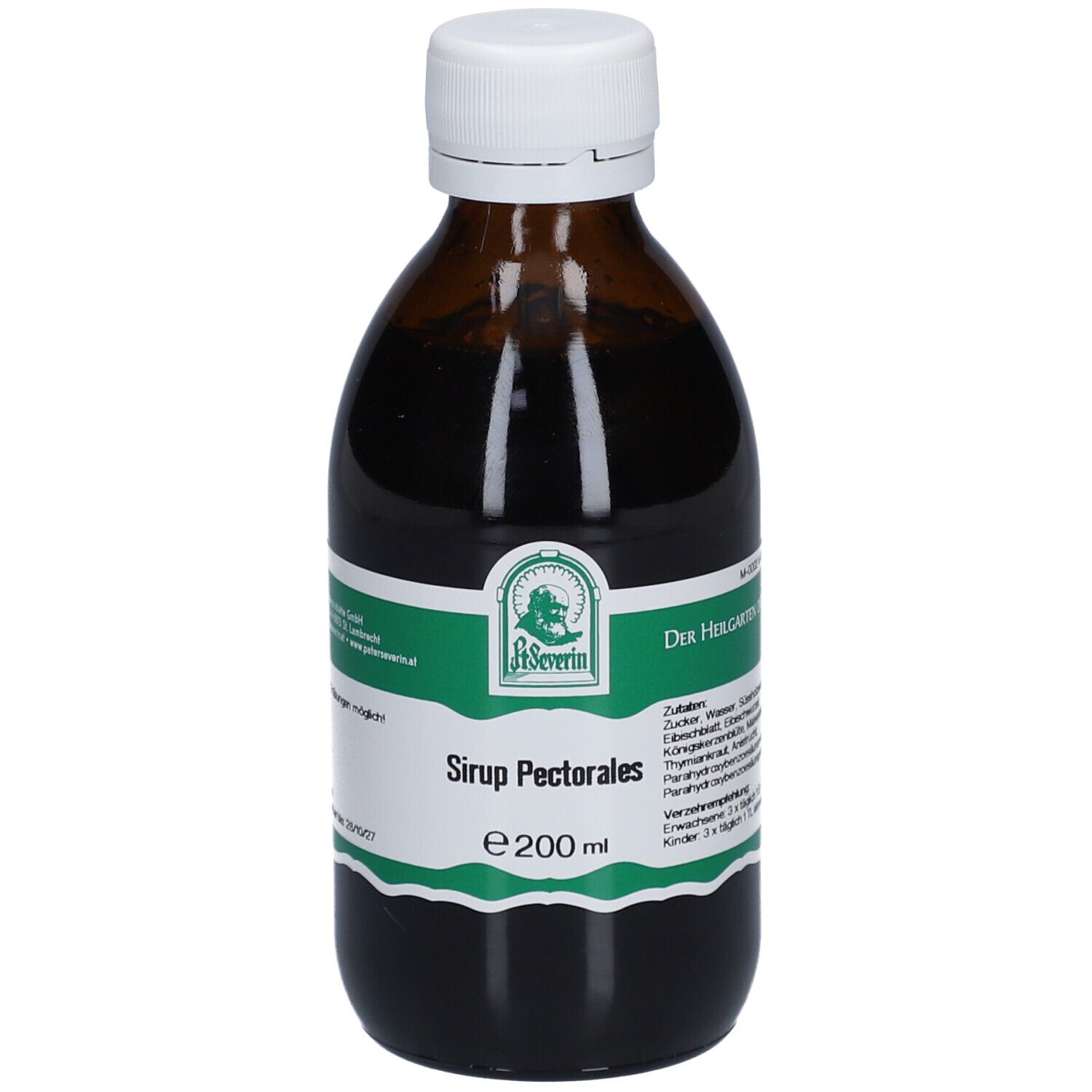 Braune Glasflasche mit weißem Deckel. Etikett mit Produktname und Logo. Der Inhalt ist dunkelbraun.