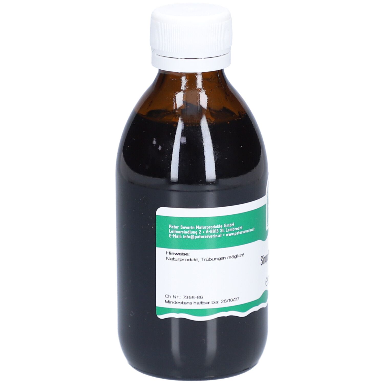Braune Glasflasche mit weißem Deckel. Etikett mit Produktinformationen. Der Inhalt ist dunkelbraun.