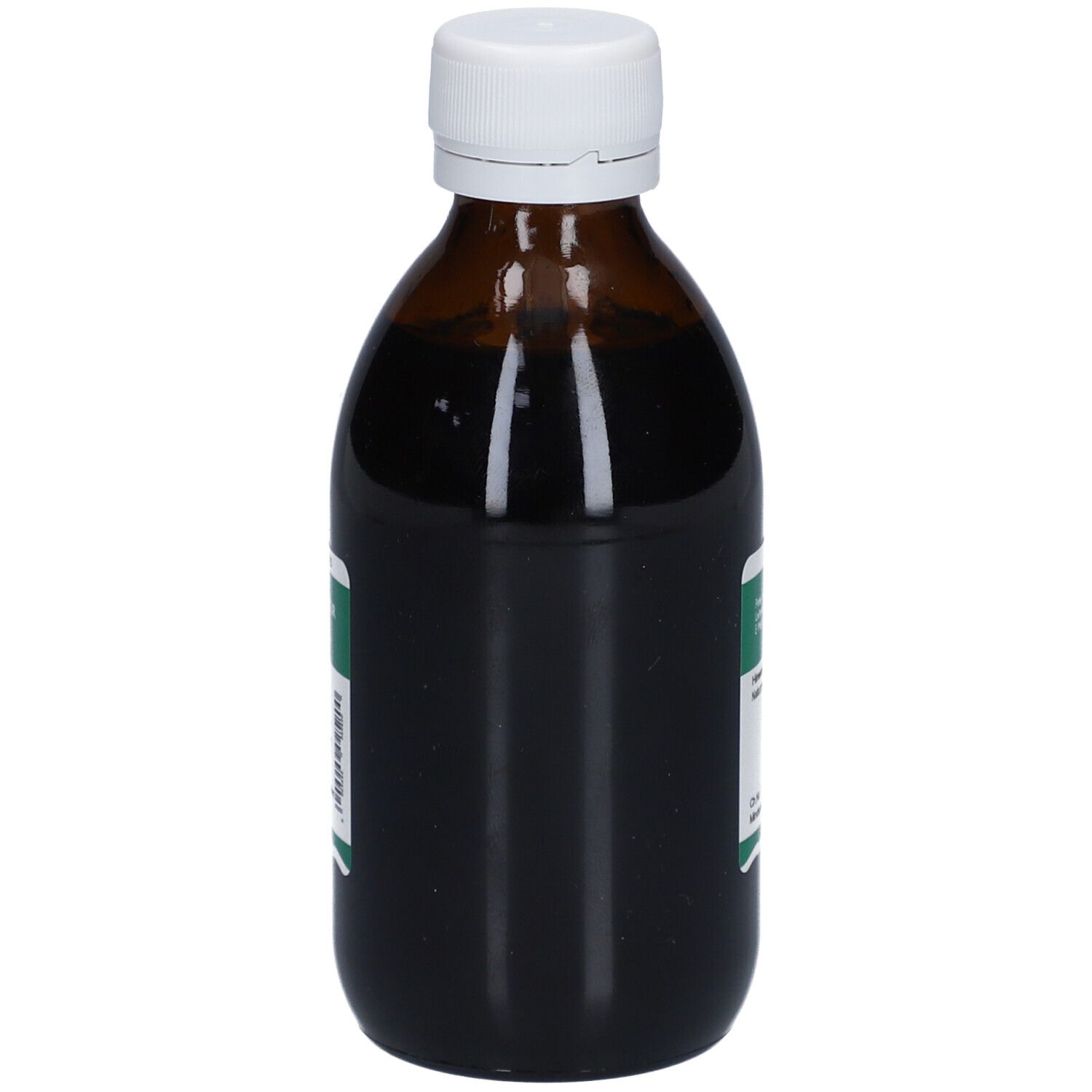 Braune Glasflasche mit weißem Deckel. Der Inhalt ist dunkelbraun. Etikett mit Produktinformationen.