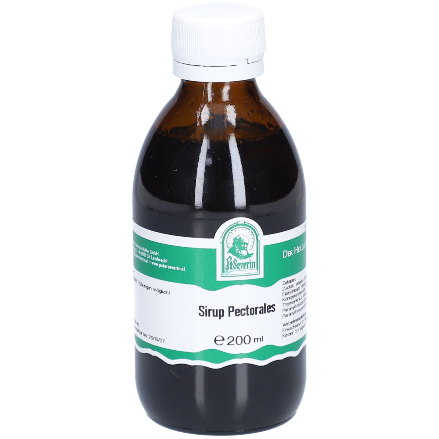 Braune Glasflasche mit weißem Deckel. Etikett mit Produktname und Logo. Der Inhalt ist dunkelbraun.