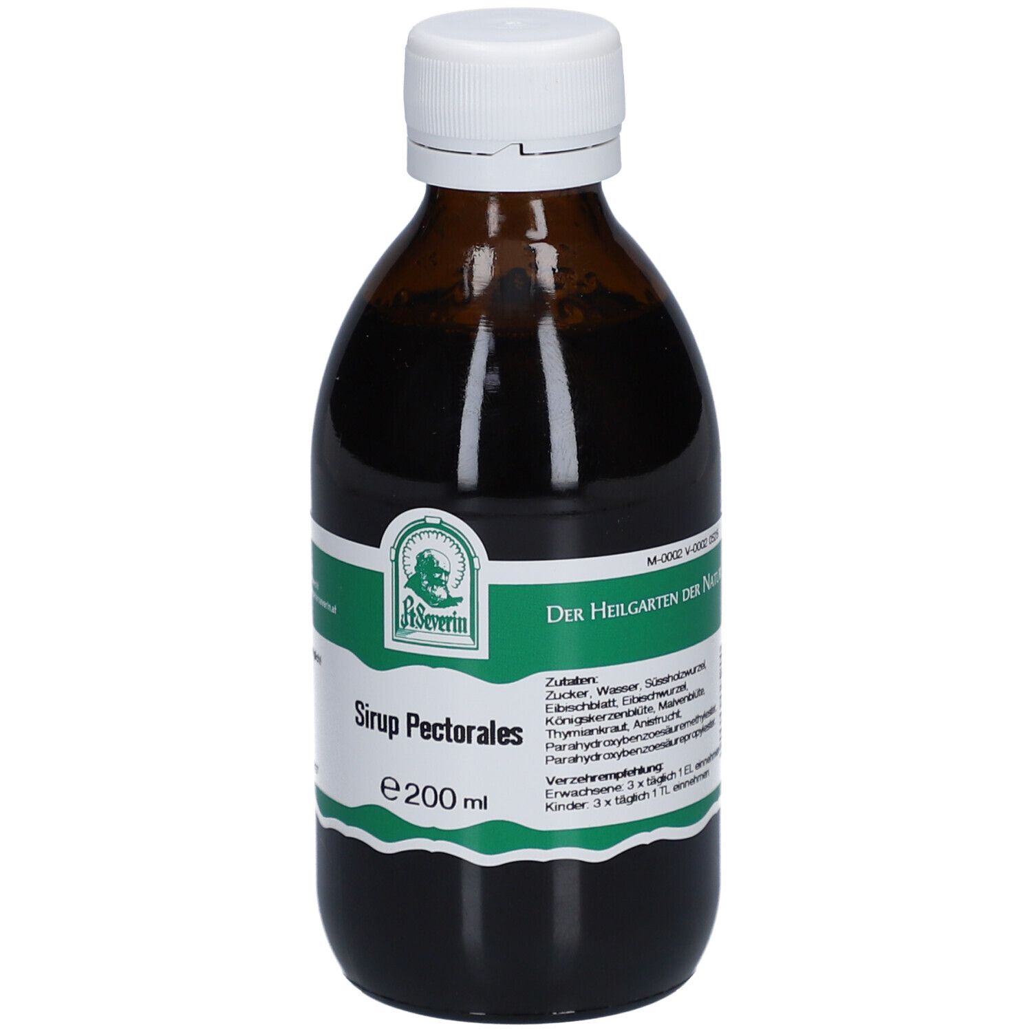 Braune Glasflasche mit weißem Deckel. Etikett mit Produktname, Logo und Inhaltsstoffen. Der Inhalt ist dunkelbraun.