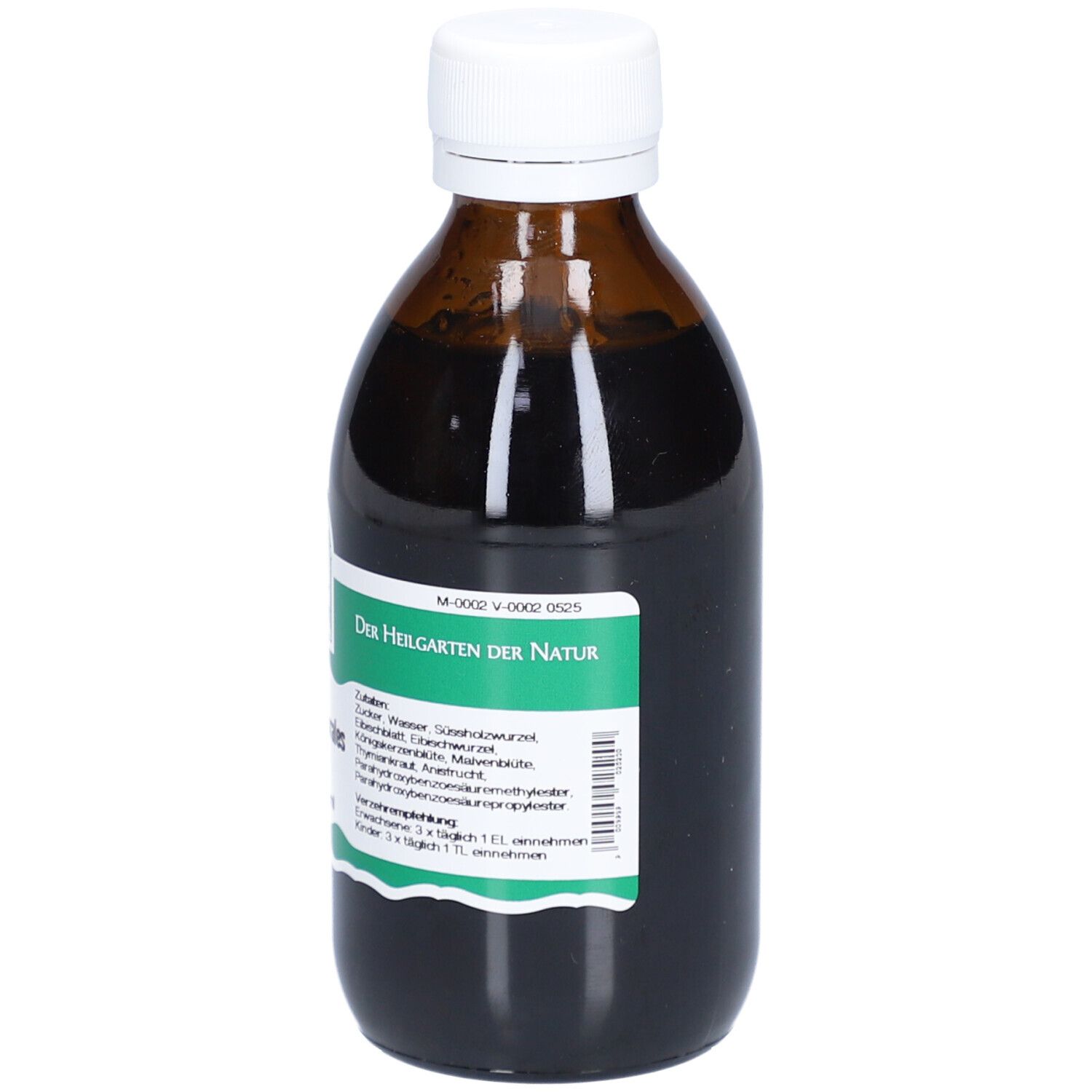 Braune Glasflasche mit weißem Deckel. Etikett mit Produktinformationen und Inhaltsstoffen. Der Inhalt ist dunkelbraun.
