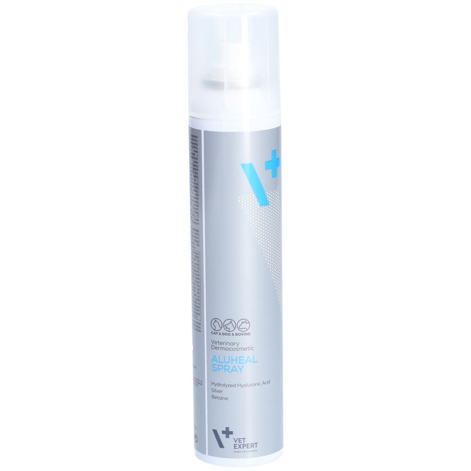 Aluheal Spray-Dose. Weißer Sprühkopf, silberne Dose mit blauer Beschriftung. VET EXPERT Logo und Produktname sichtbar.