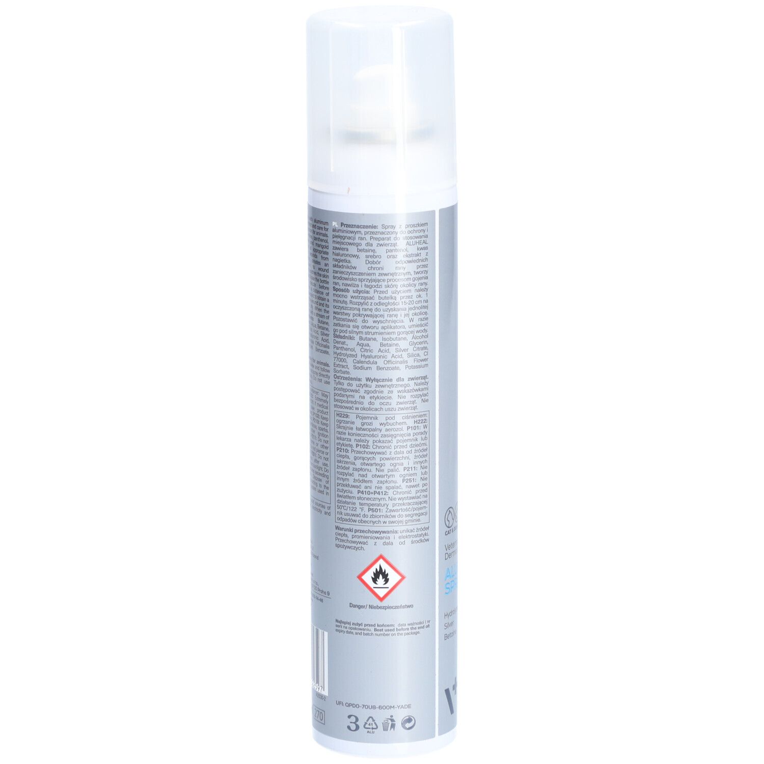 Rückseite der Aluheal Spray-Dose. Text in mehreren Sprachen, Warnhinweis und Barcode. Dose silberfarben mit weißem Sprühkopf.