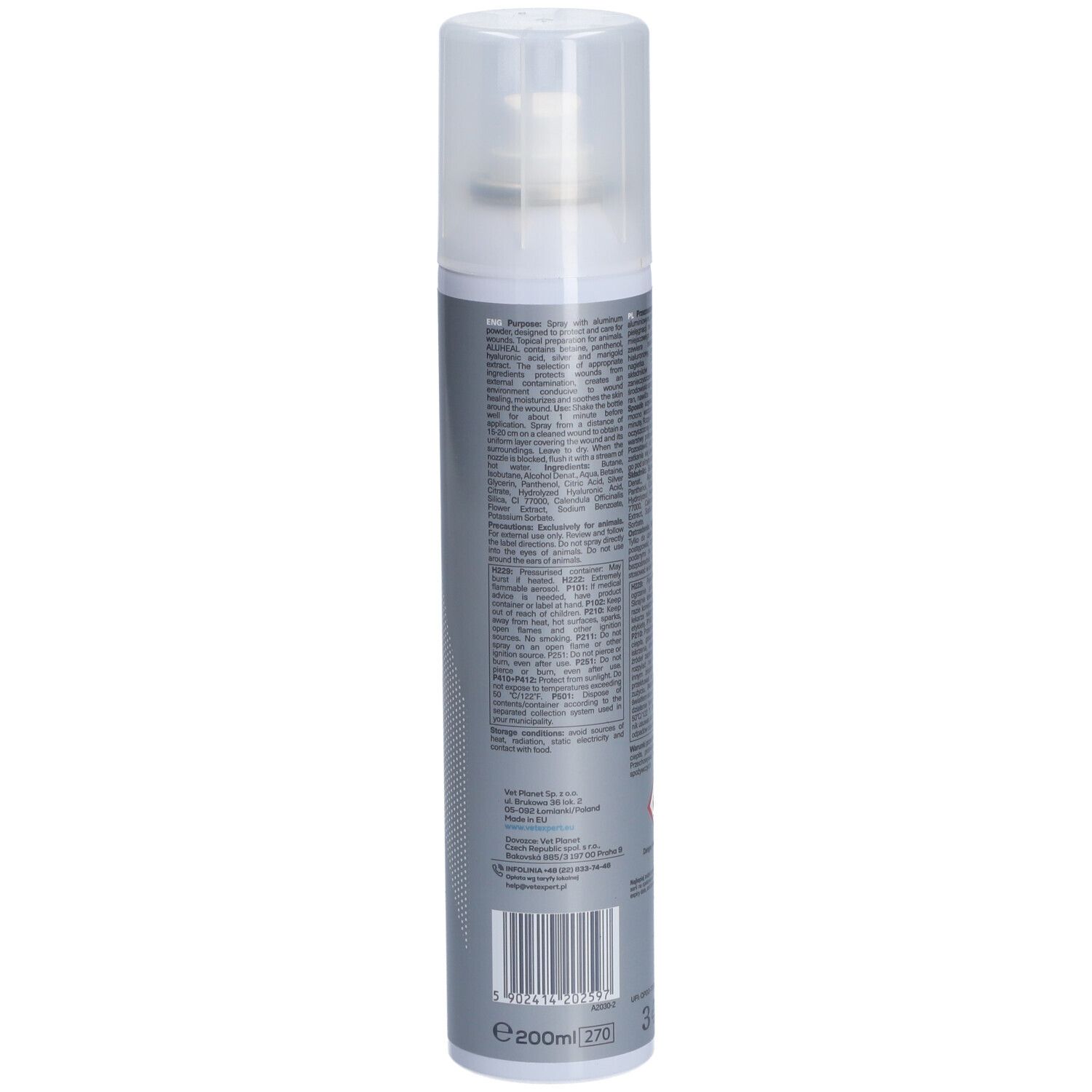 Rückseite der Aluheal Spray-Dose. Text in mehreren Sprachen, Barcode und Volumenangabe. Dose silberfarben mit weißem Sprühkopf.