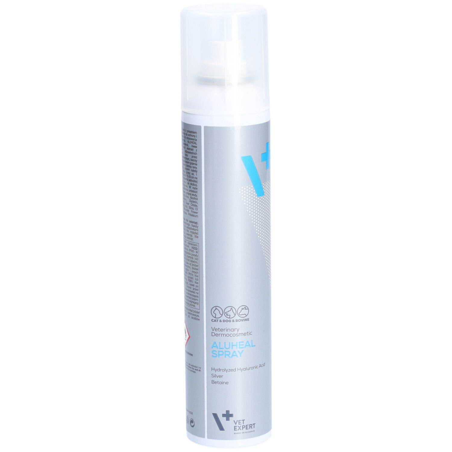 Aluheal Spray-Dose. Weißer Sprühkopf, silberne Dose mit blauer Beschriftung. VET EXPERT Logo und Produktname sichtbar.