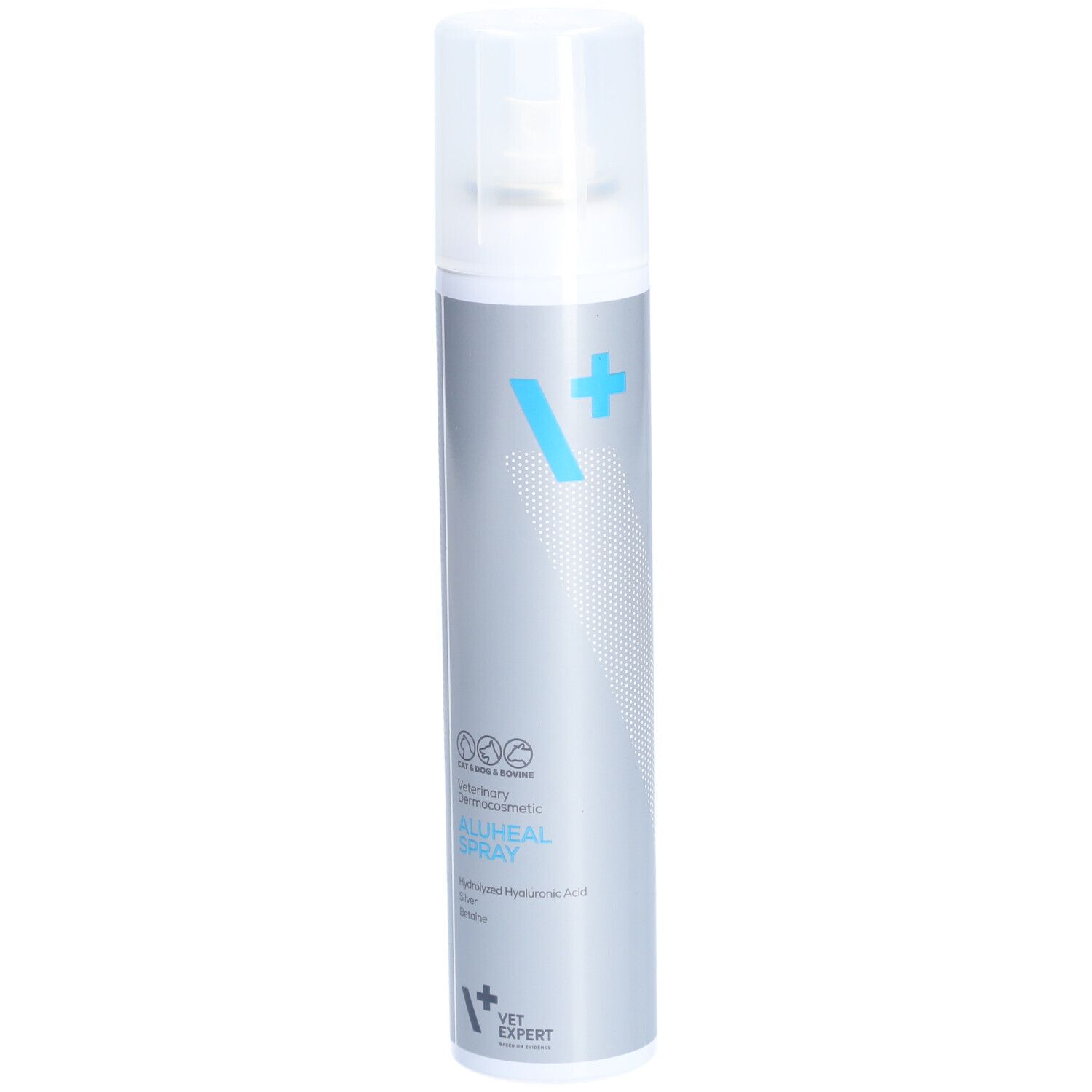 Aluheal Spray-Dose. Weißer Sprühkopf, silberne Dose mit blauer Beschriftung. VET EXPERT Logo und Produktname sichtbar.