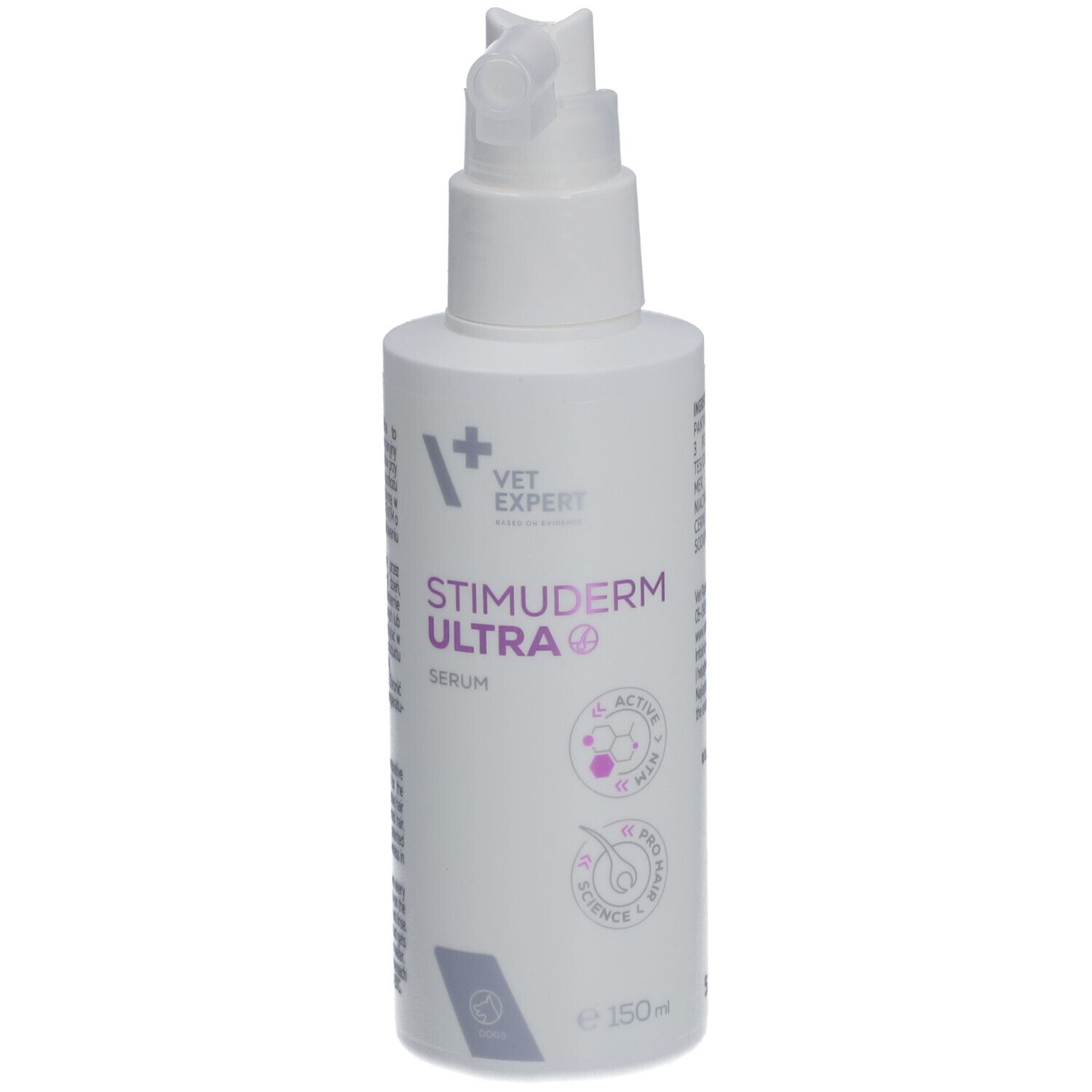 Weiße Flasche mit Sprühkopf. Aufschrift: VET EXPERT, STIMUDERM ULTRA Serum. Mit Logos und Text.