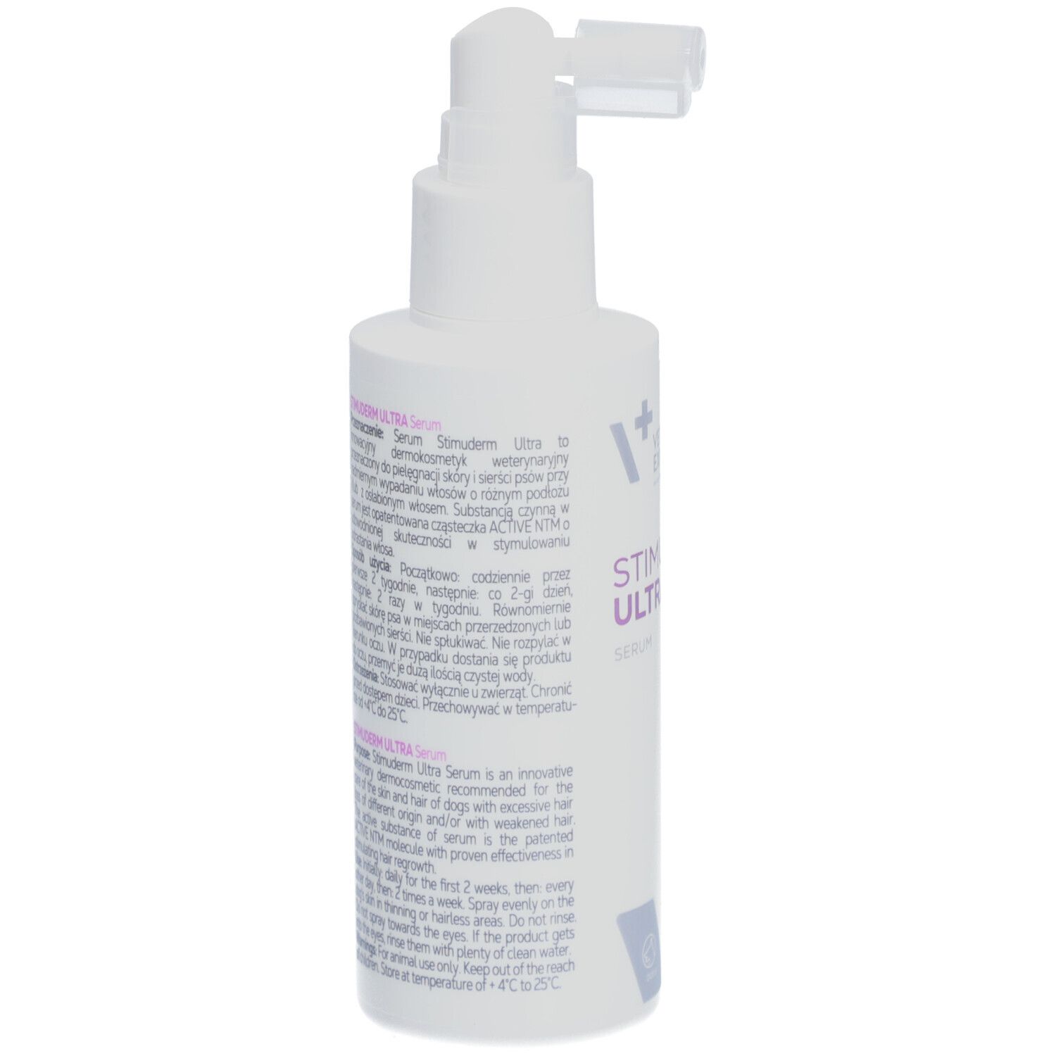 Weiße Flasche mit Sprühkopf. Text auf der Flasche. Produktname: STIMUDERM ULTRA Serum. Marke: VET EXPERT.