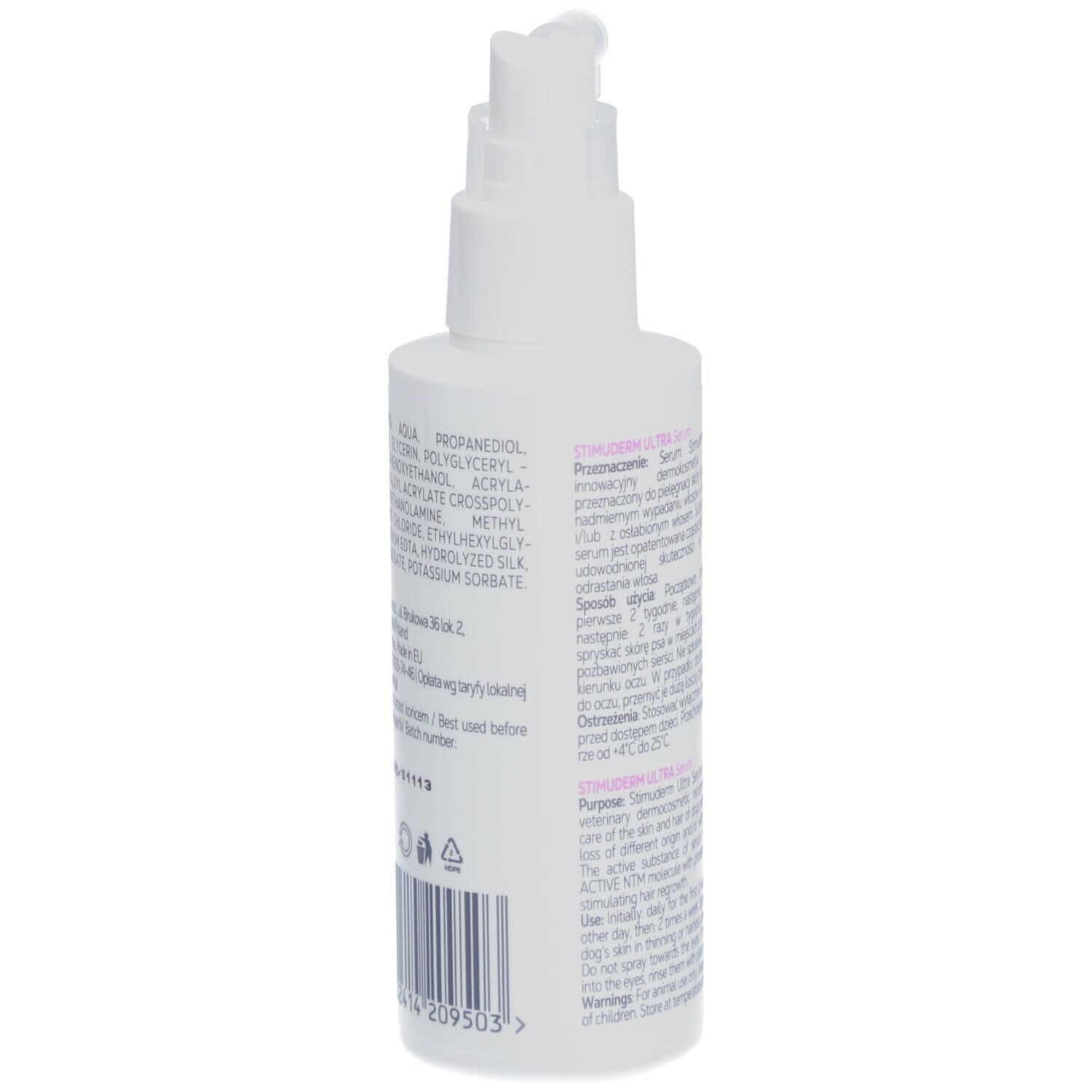Weiße Flasche mit Sprühkopf. Rückseite mit Text und Barcode. Produktname: STIMUDERM ULTRA Serum.