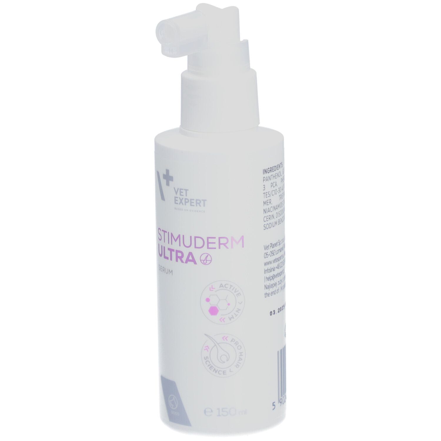 Weiße Flasche mit Sprühkopf. Aufschrift: VET EXPERT, STIMUDERM ULTRA Serum. Mit Logos und Text.