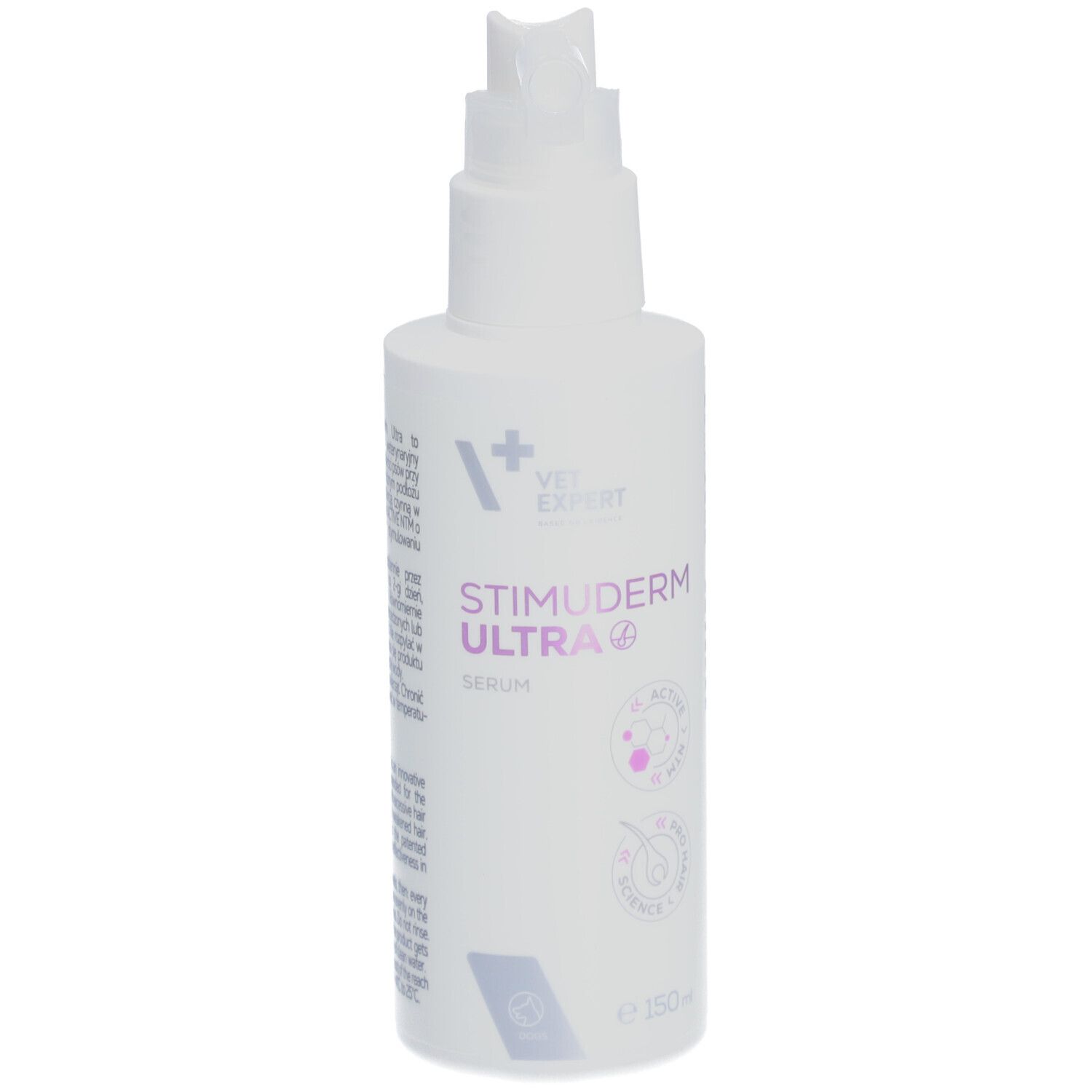 Weiße Flasche mit Sprühkopf. Aufschrift: VET EXPERT, STIMUDERM ULTRA Serum. Mit Logos und Text.