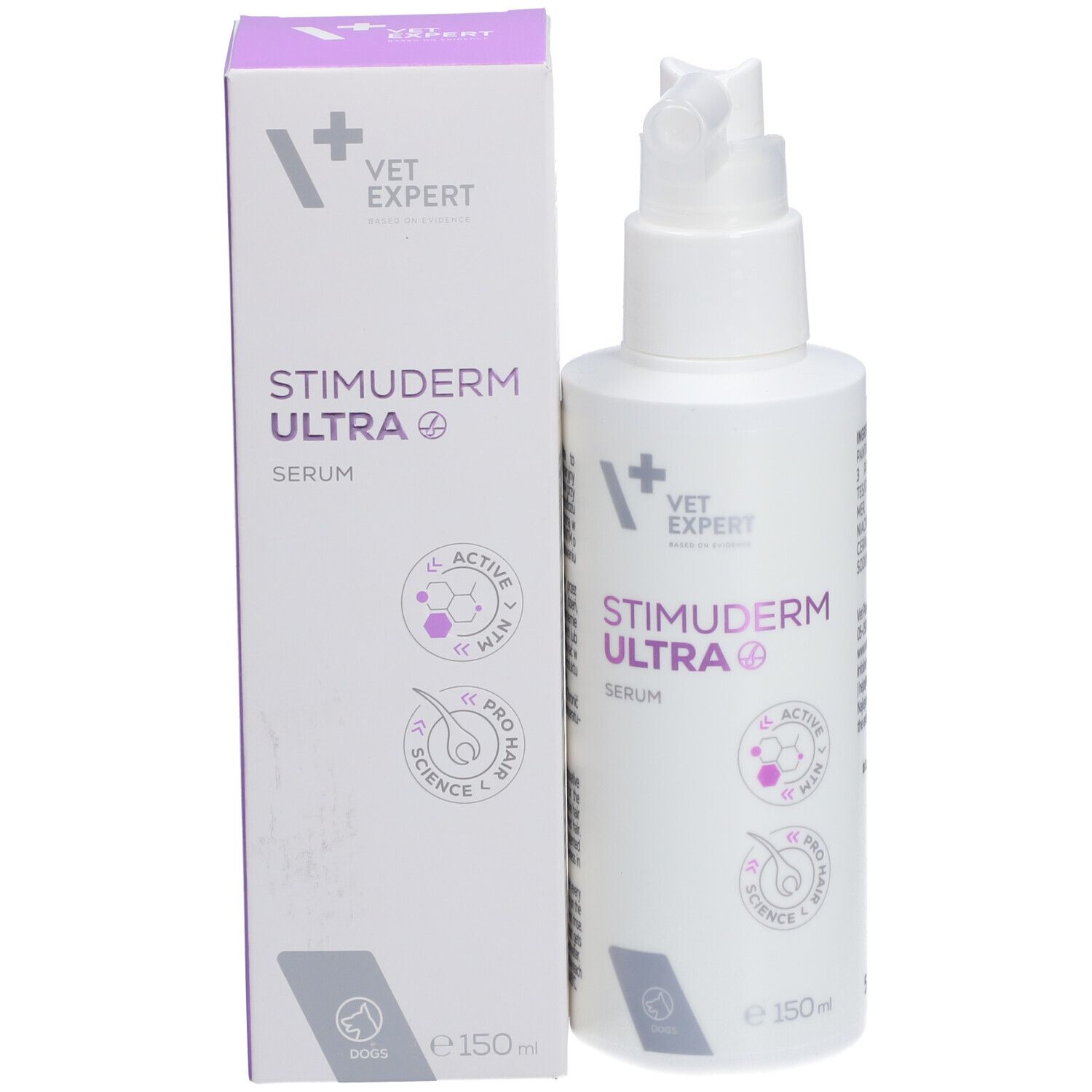 Produktflasche und Verpackung. Aufschrift: STIMUDERM ULTRA Serum. Marke: VET EXPERT. Mit Logos.