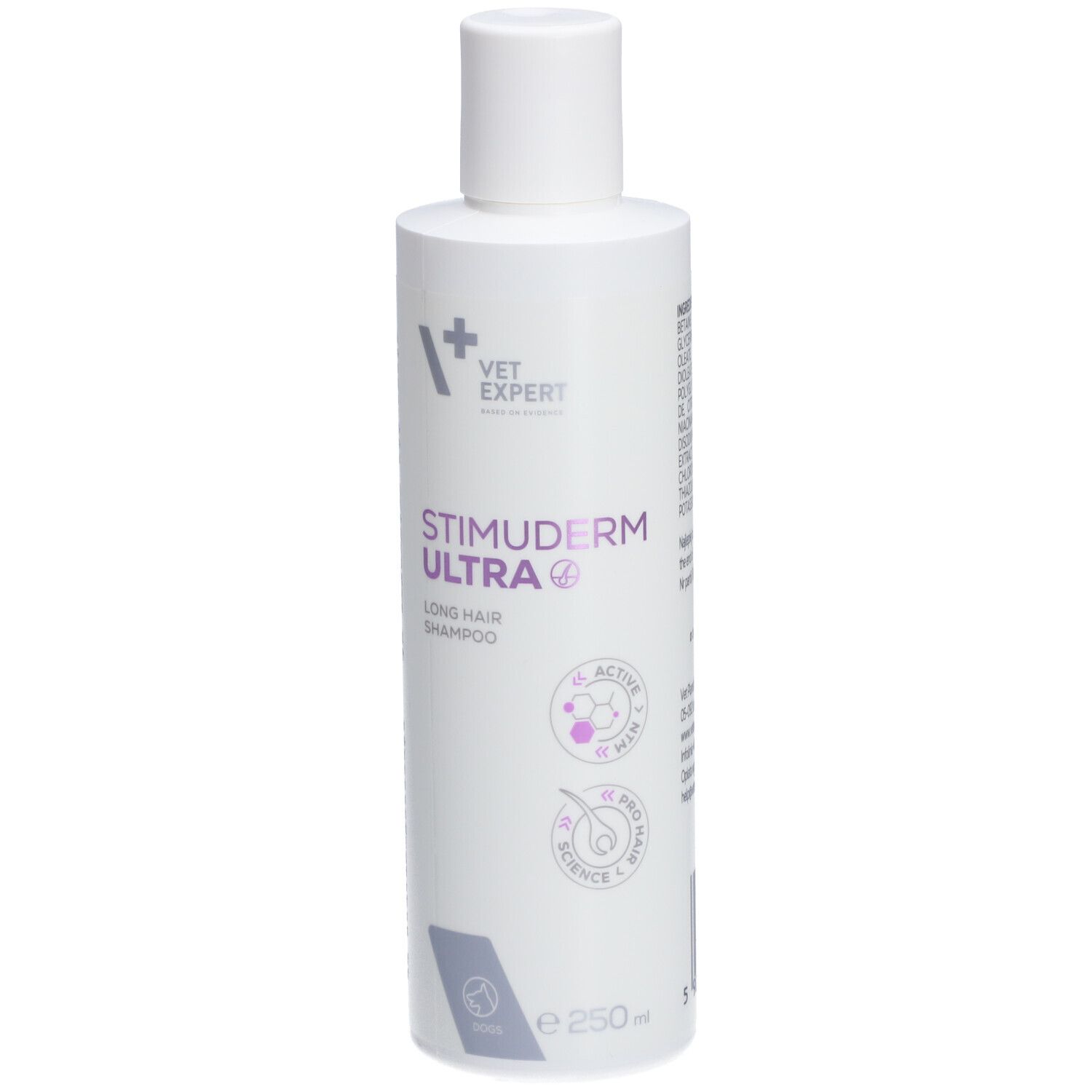 Weiße Flasche mit VET EXPERT STIMUDERM ULTRA Shampoo. Aufschrift: LONG HAIR SHAMPOO. Mit lila Logos.