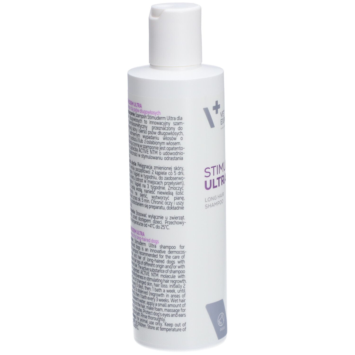 Rückseite der weißen Flasche VET EXPERT STIMUDERM ULTRA Shampoo. Text in mehreren Sprachen. Weißer Deckel.