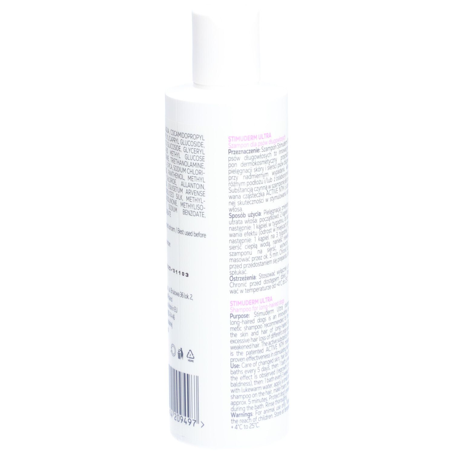 Rückseite der weißen Flasche VET EXPERT STIMUDERM ULTRA Shampoo. Text in mehreren Sprachen. Barcode unten.