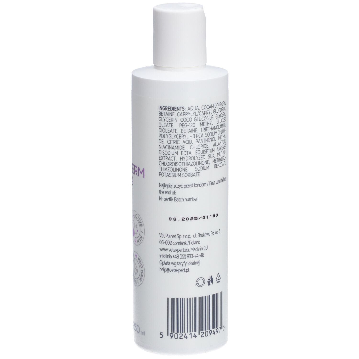 Rückseite der weißen Flasche VET EXPERT STIMUDERM ULTRA Shampoo. Zutatenliste. Barcode unten.
