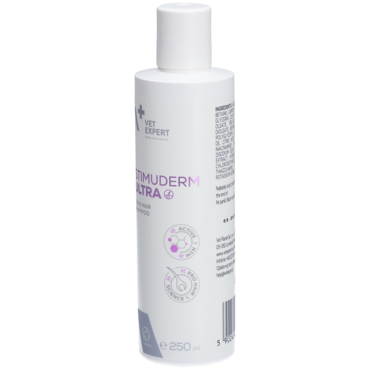 Weiße Flasche VET EXPERT STIMUDERM ULTRA Shampoo. Aufschrift: LONG HAIR SHAMPOO. Mit lila Logos und Text.