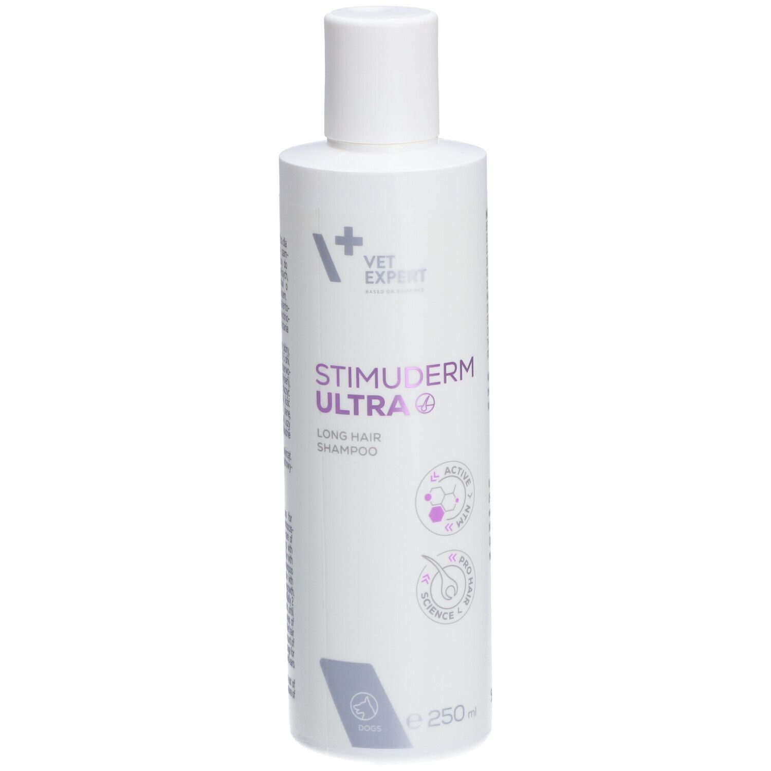Weiße Flasche VET EXPERT STIMUDERM ULTRA Shampoo. Aufschrift: LONG HAIR SHAMPOO. Mit lila Logos und Text.