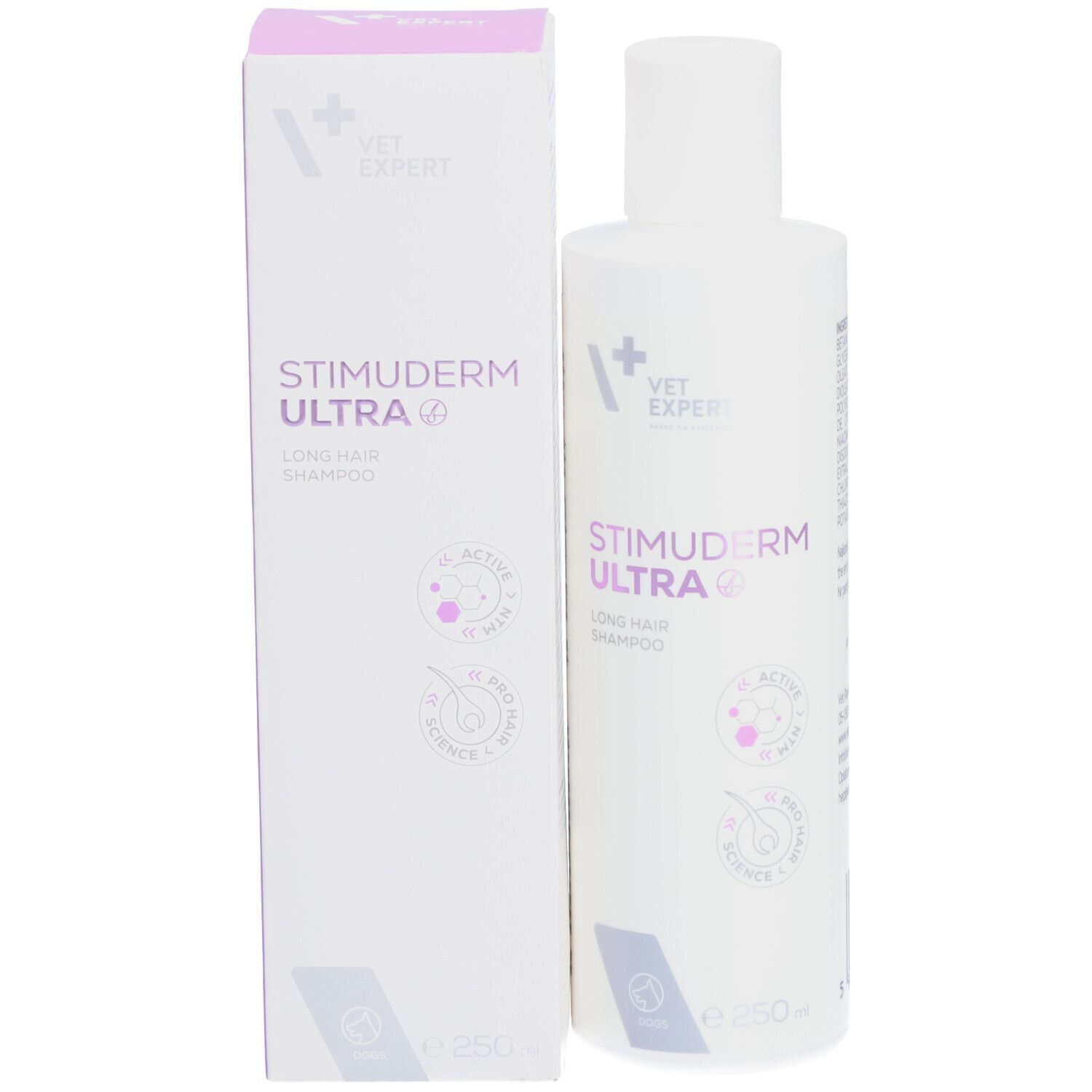 VET EXPERT STIMUDERM ULTRA Shampoo Flasche und Verpackung. Aufschrift: LONG HAIR SHAMPOO. Lila Logos.