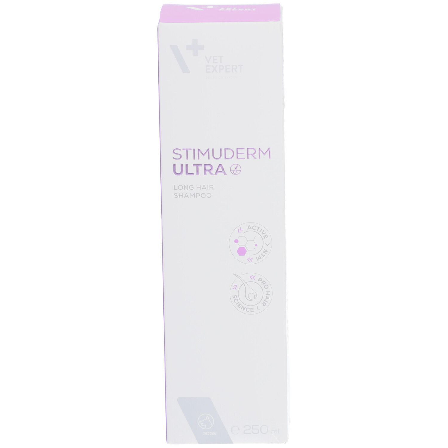 Verpackung von VET EXPERT STIMUDERM ULTRA Shampoo. Aufschrift: LONG HAIR SHAMPOO. Lila Logos.