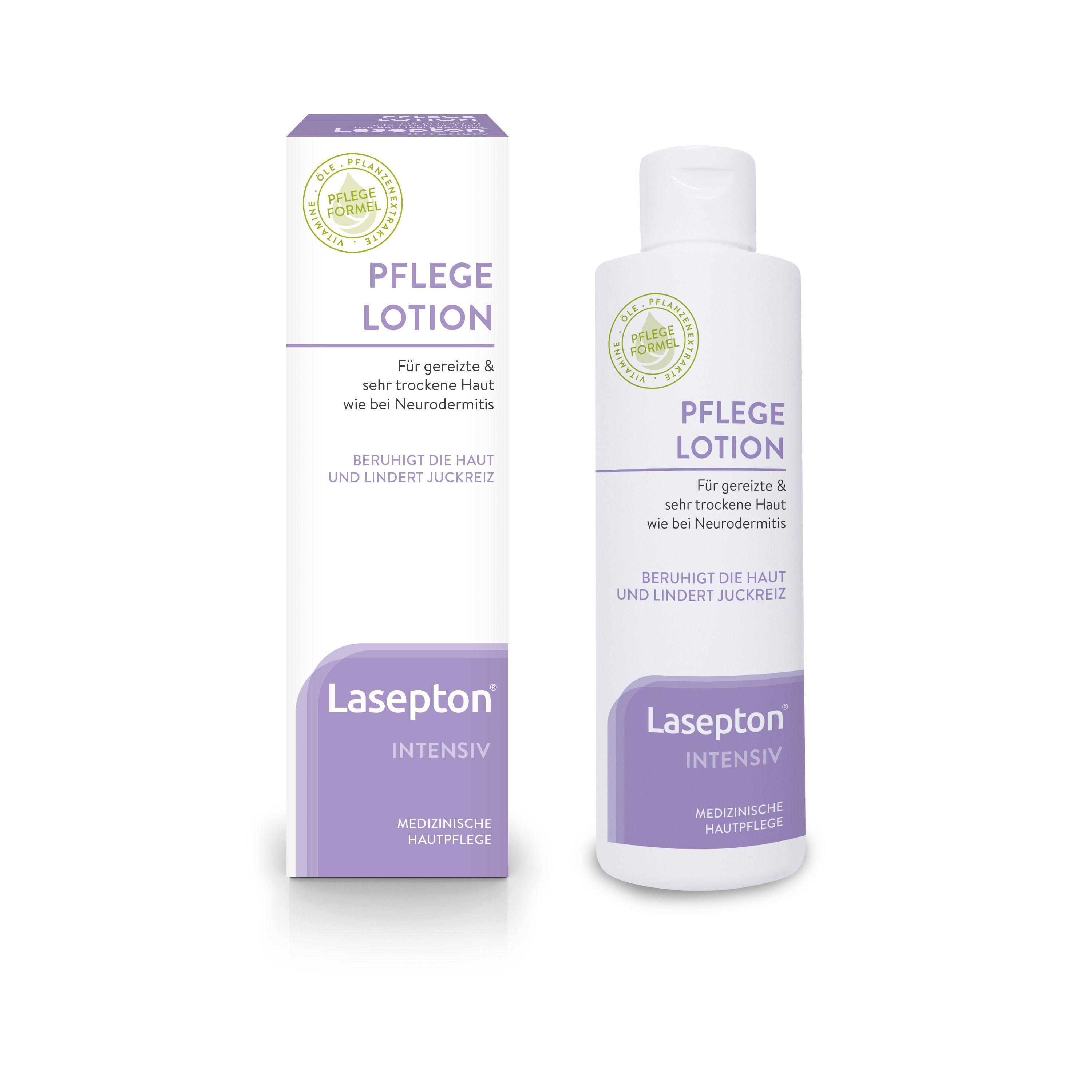 Lasepton® Intensiv Pflege Lotion. Flasche und Verpackung. Lila Akzente. Medizinische Hautpflege.