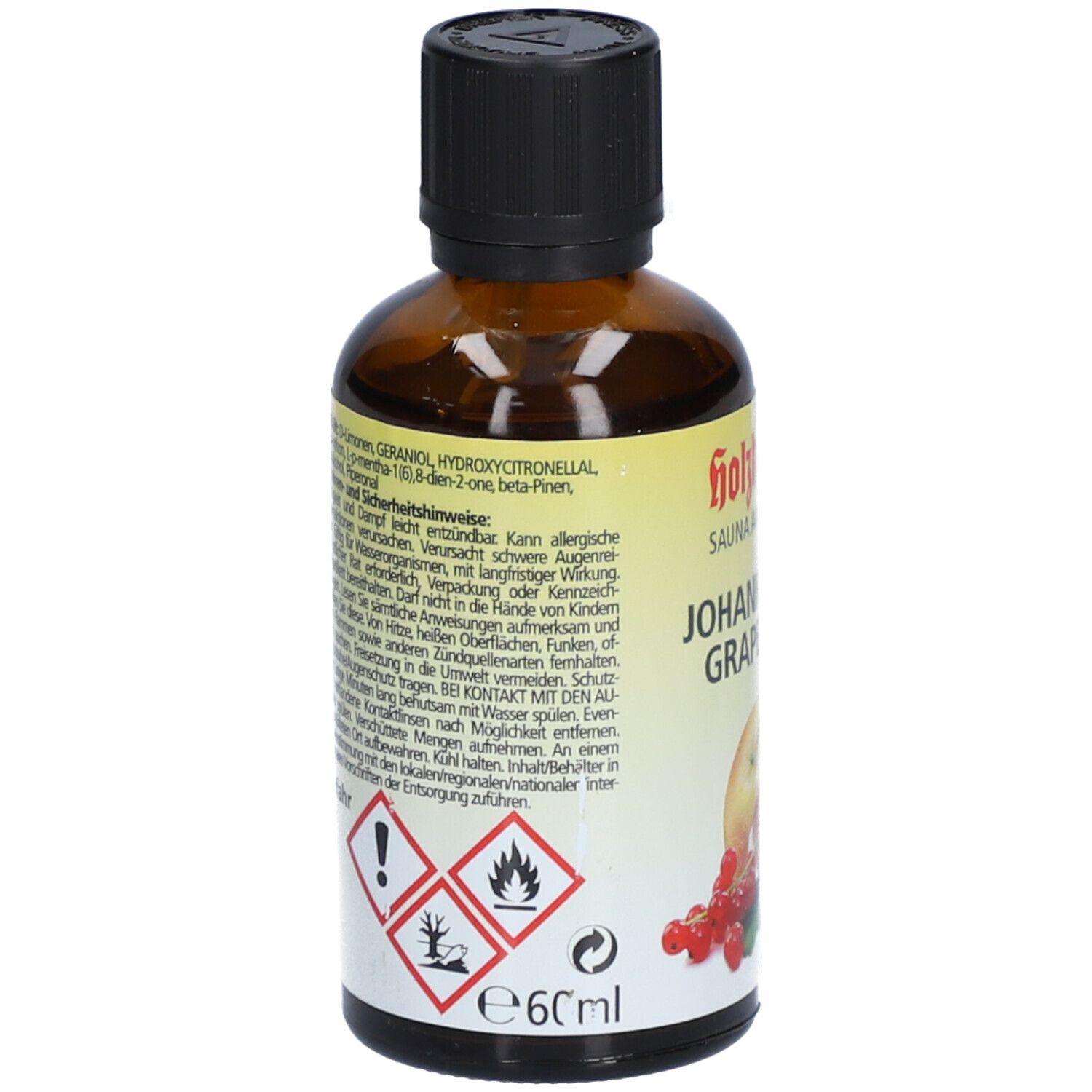 Braune Glasflasche mit schwarzem Deckel. Rückseite mit Text und Gefahrensymbolen. Aufschrift: e60ml.
