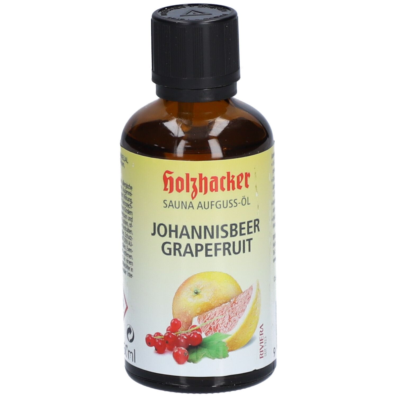 Braune Glasflasche mit schwarzem Deckel. Aufschrift: Holzhacker SAUNA AUFGUSS-ÖL JOHANNISBEER GRAPEFRUIT. Abbildung von Grapefruit und Johannisbeeren.