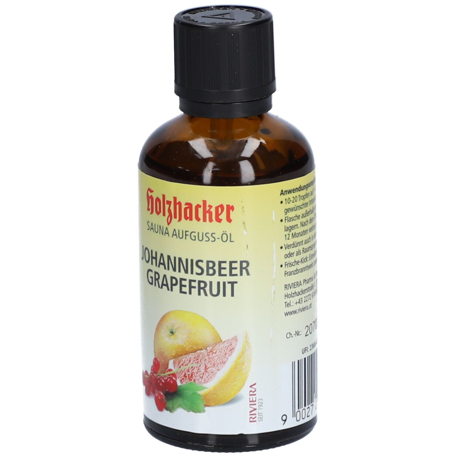 Braune Glasflasche mit schwarzem Deckel. Aufschrift: Holzhacker SAUNA AUFGUSS-ÖL JOHANNISBEER GRAPEFRUIT. Mit Text.