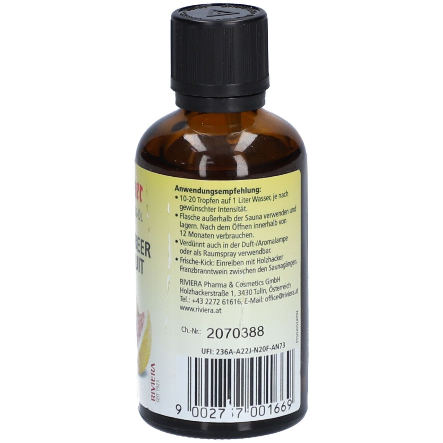 Braune Glasflasche mit schwarzem Deckel. Rückseite mit Text und Barcode. Aufschrift: 2070388.