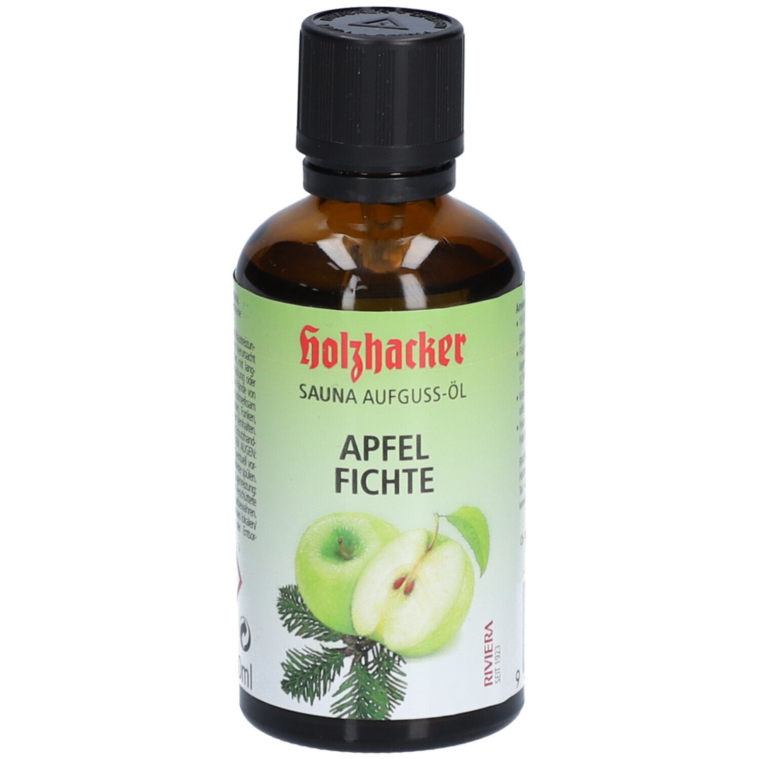 Braune Glasflasche mit schwarzem Deckel. Etikett mit Produktname, Apfel- und Fichtengrafik. Riviera-Logo.