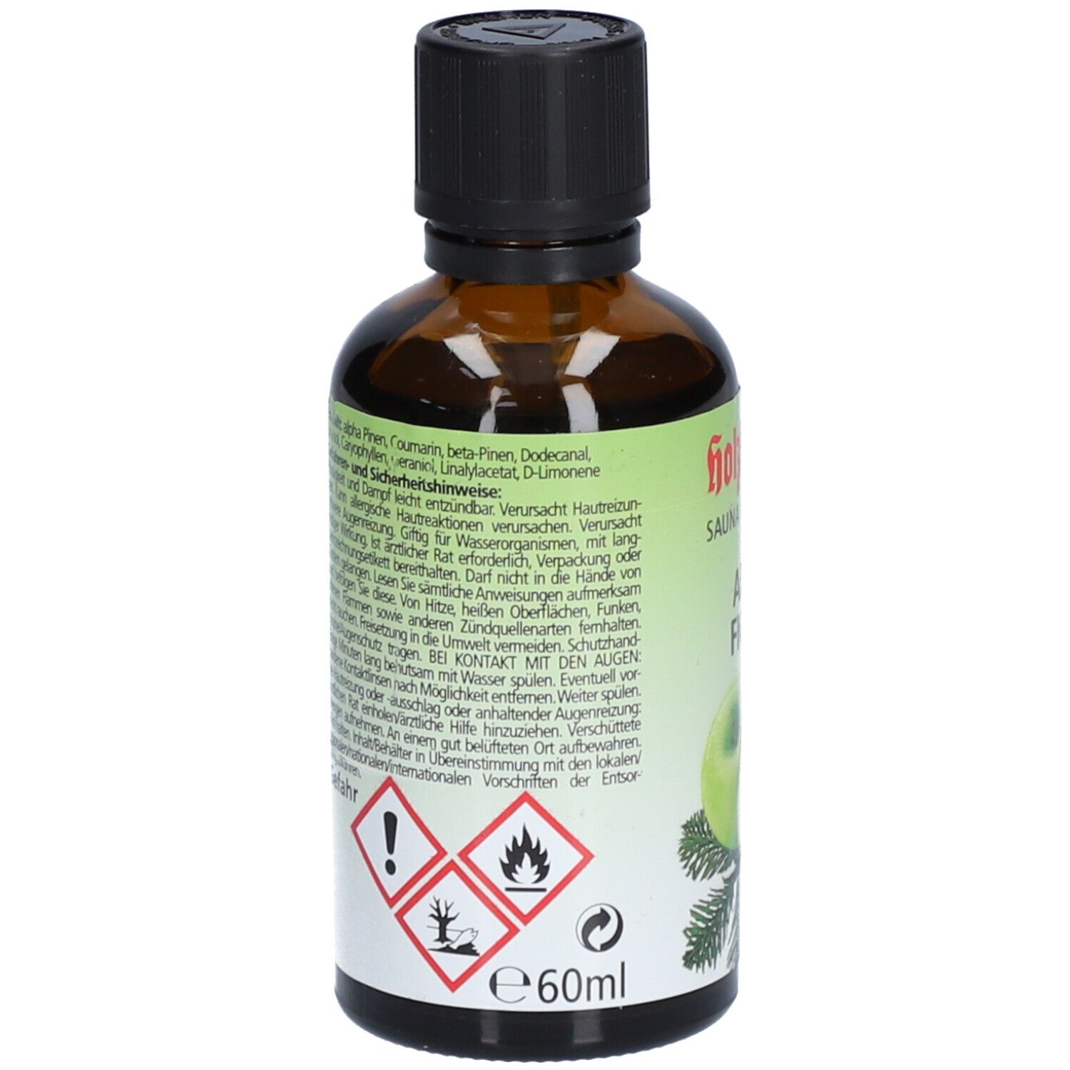 Rückseite der braunen Glasflasche. Etikett mit Warnsymbolen, Inhaltsstoffen und Gefahrenhinweisen. Volumen: 60ml.