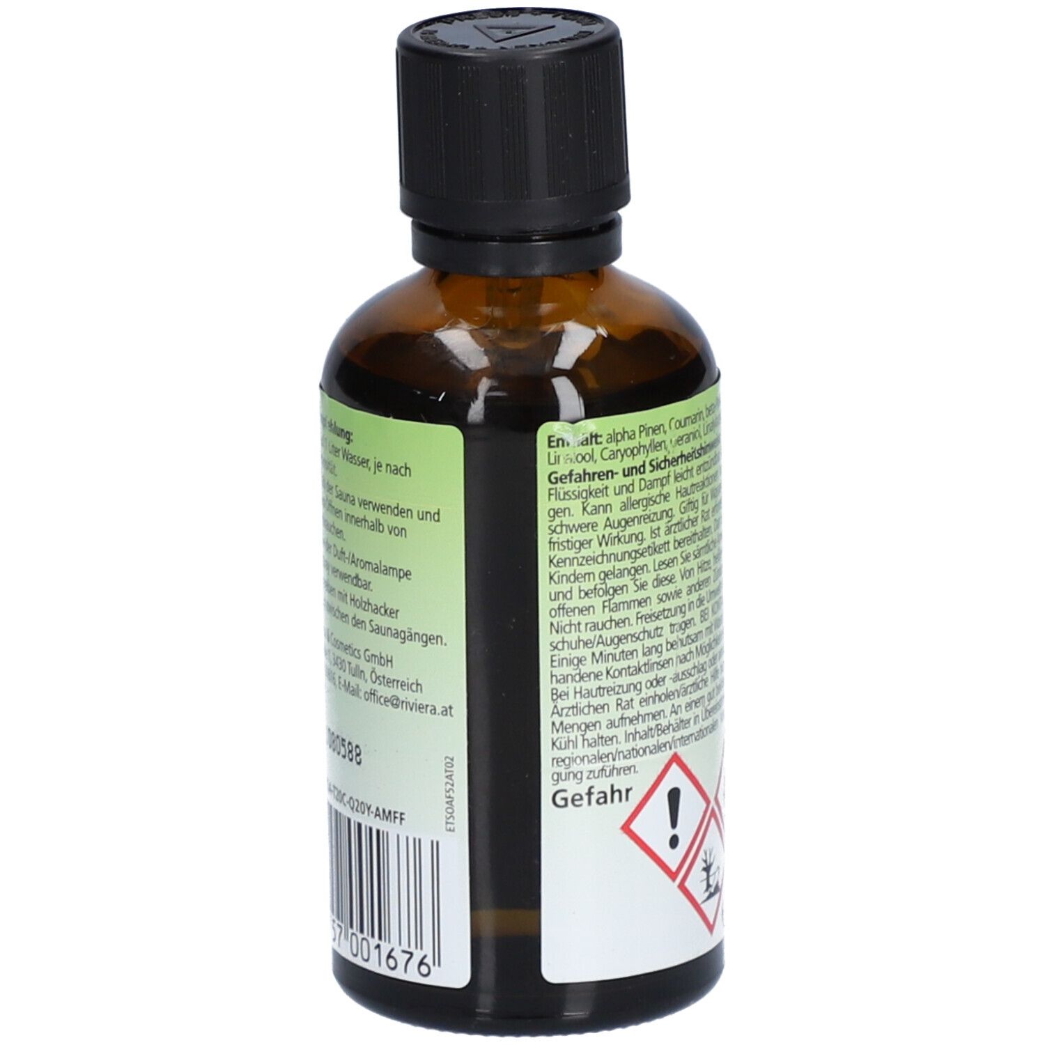 Rückseite der braunen Glasflasche. Etikett mit Warnsymbolen und Gefahrenhinweisen. Barcode und weitere Informationen.