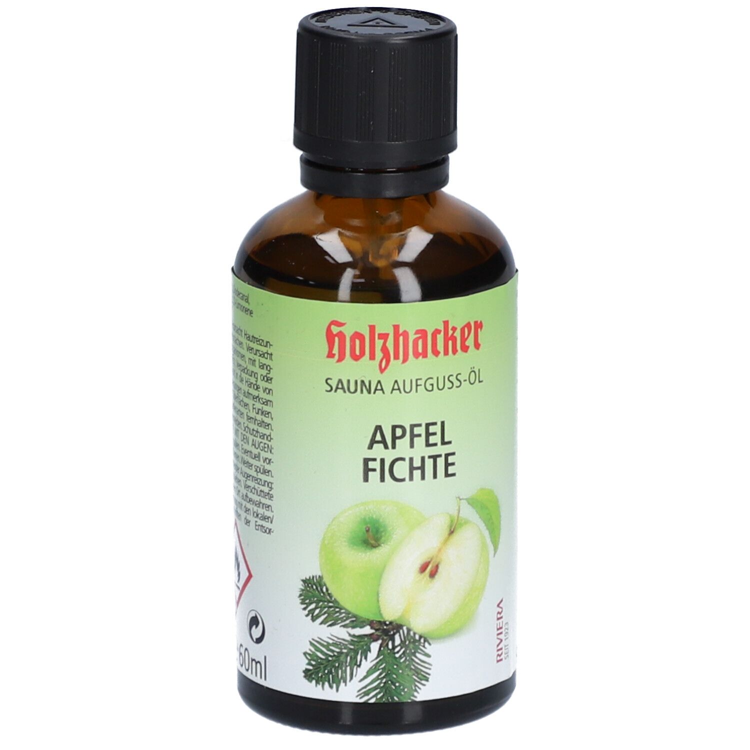 Braune Glasflasche mit schwarzem Deckel. Etikett mit Produktname, Apfel- und Fichtengrafik. Riviera-Logo.
