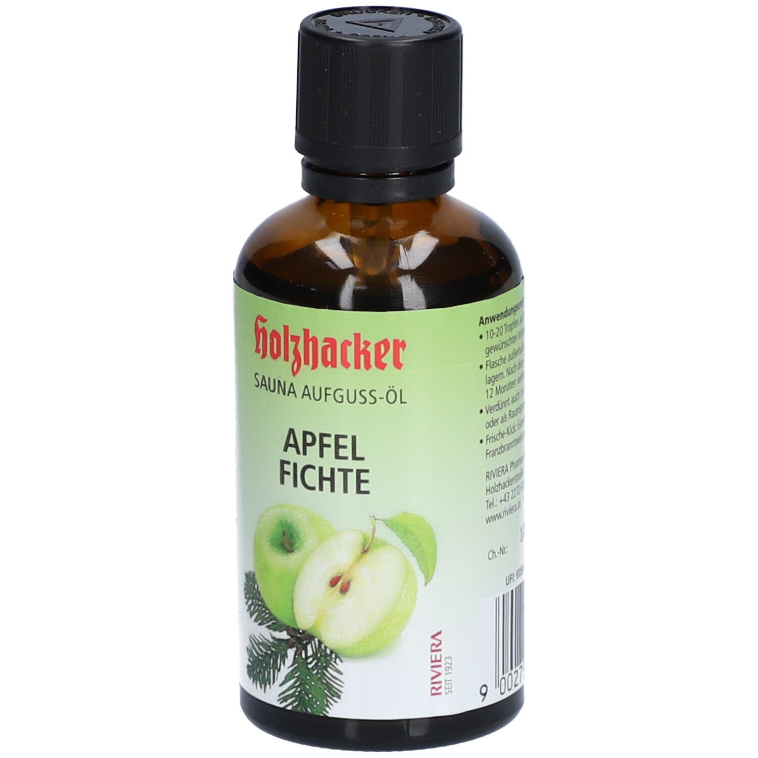 Braune Glasflasche mit schwarzem Deckel. Etikett mit Produktname, Apfel- und Fichtengrafik. Barcode und Riviera-Logo.