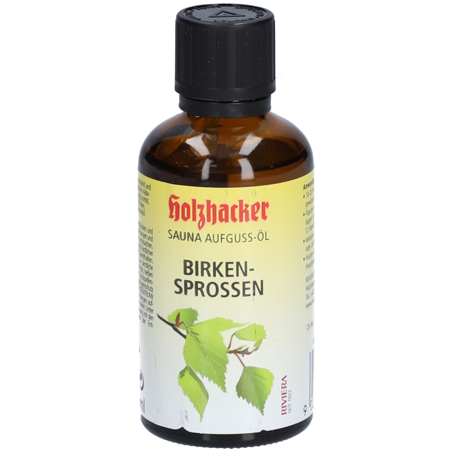Braune Glasflasche mit schwarzem Deckel. Aufschrift: Holzhacker SAUNA AUFGUSS-ÖL BIRKEN-SPROSSEN. Abbildung von Birkenzweig.