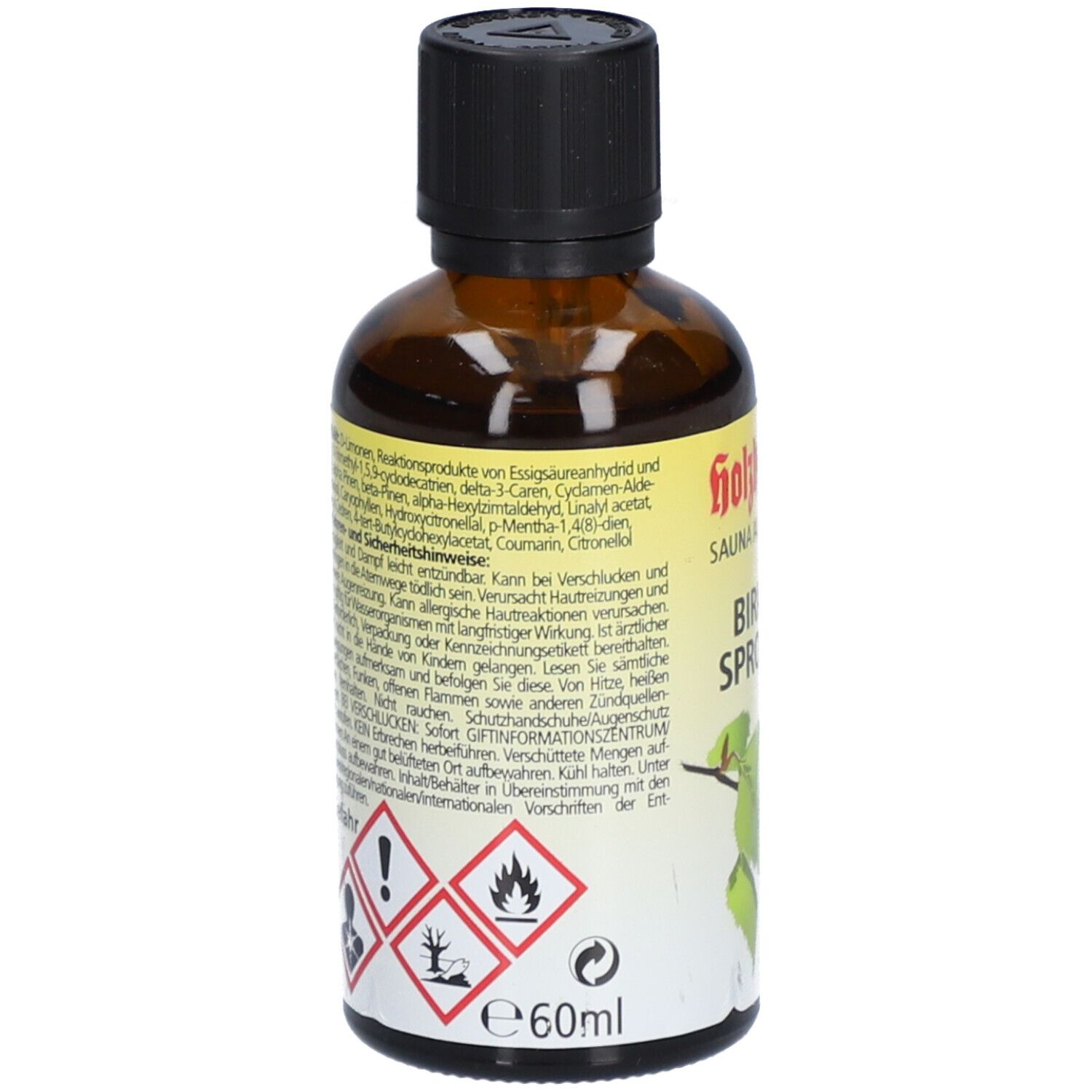 Rückseite der braunen Glasflasche. Text und Gefahrensymbole. Aufschrift: Holzhacker SAUNA AUFGUSS-ÖL BIRKEN-SPROSSEN. Volumen: 60ml.