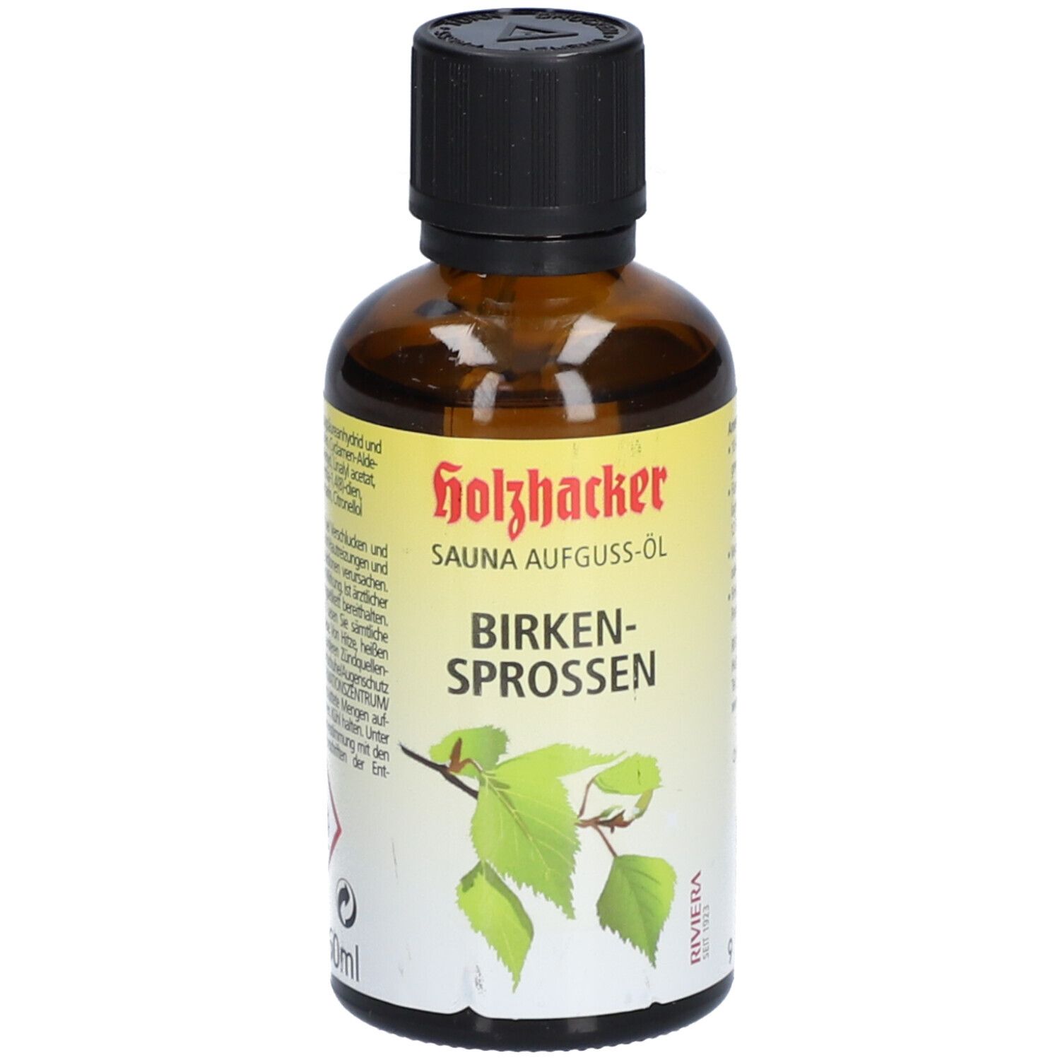Braune Glasflasche mit schwarzem Deckel. Aufschrift: Holzhacker SAUNA AUFGUSS-ÖL BIRKEN-SPROSSEN. Abbildung von Birkenzweig.