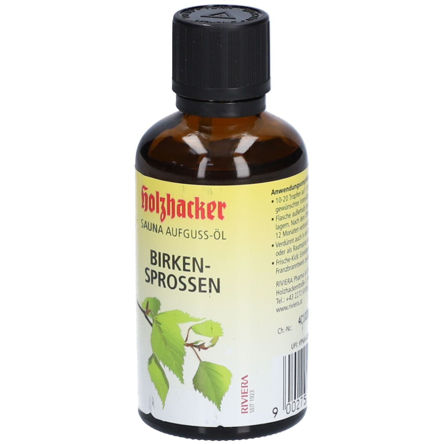 Braune Glasflasche mit schwarzem Deckel. Aufschrift: Holzhacker SAUNA AUFGUSS-ÖL BIRKEN-SPROSSEN. Barcode und weitere Informationen.