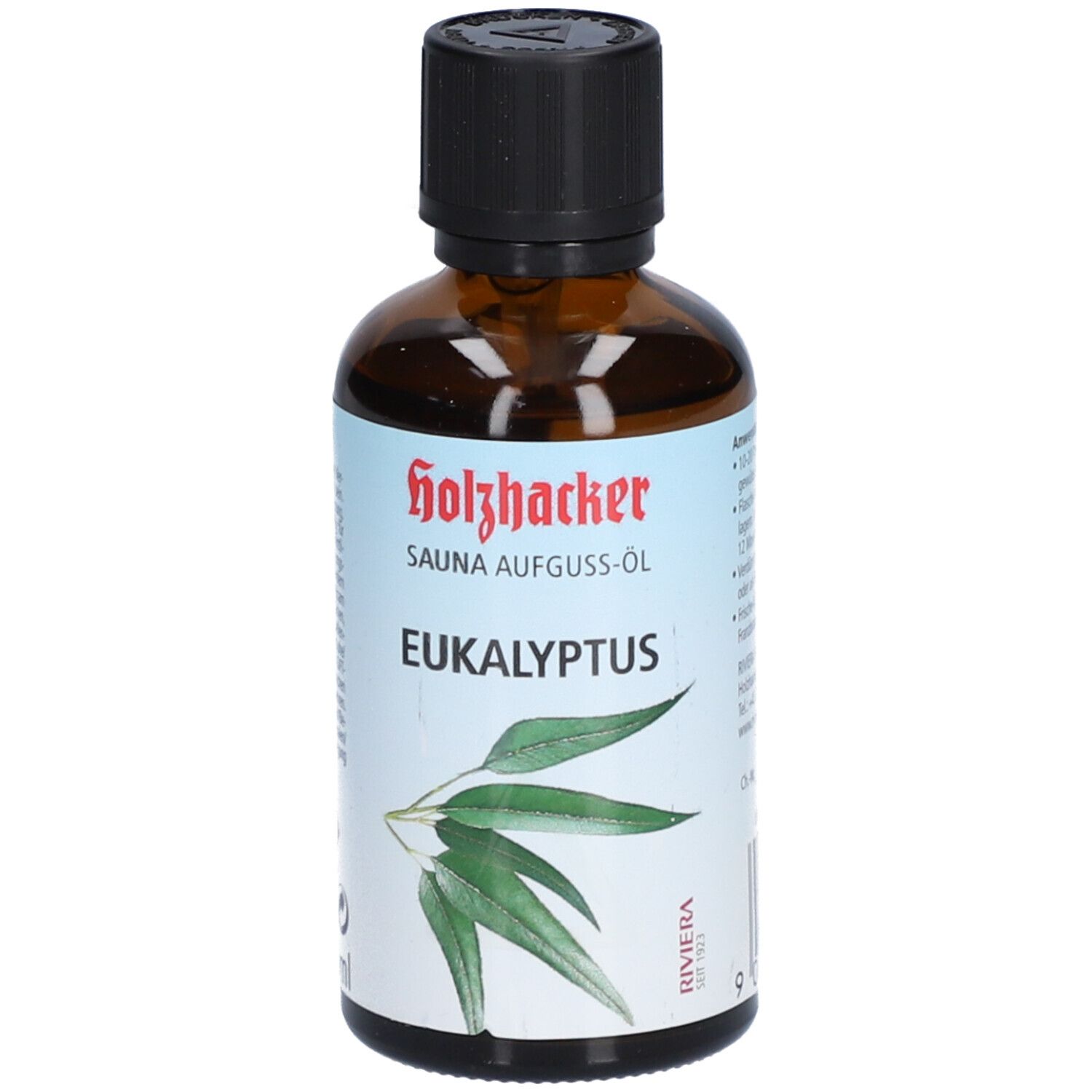 Braune Glasflasche mit schwarzem Deckel. Etikett mit "Holzhacker SAUNA AUFGUSS-ÖL EUKALYPTUS" und Eukalyptus-Abbildung.