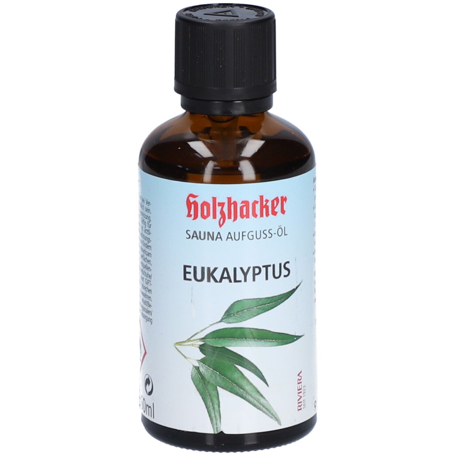 Braune Glasflasche mit schwarzem Deckel. Etikett mit "Holzhacker SAUNA AUFGUSS-ÖL EUKALYPTUS" und Eukalyptus-Abbildung.