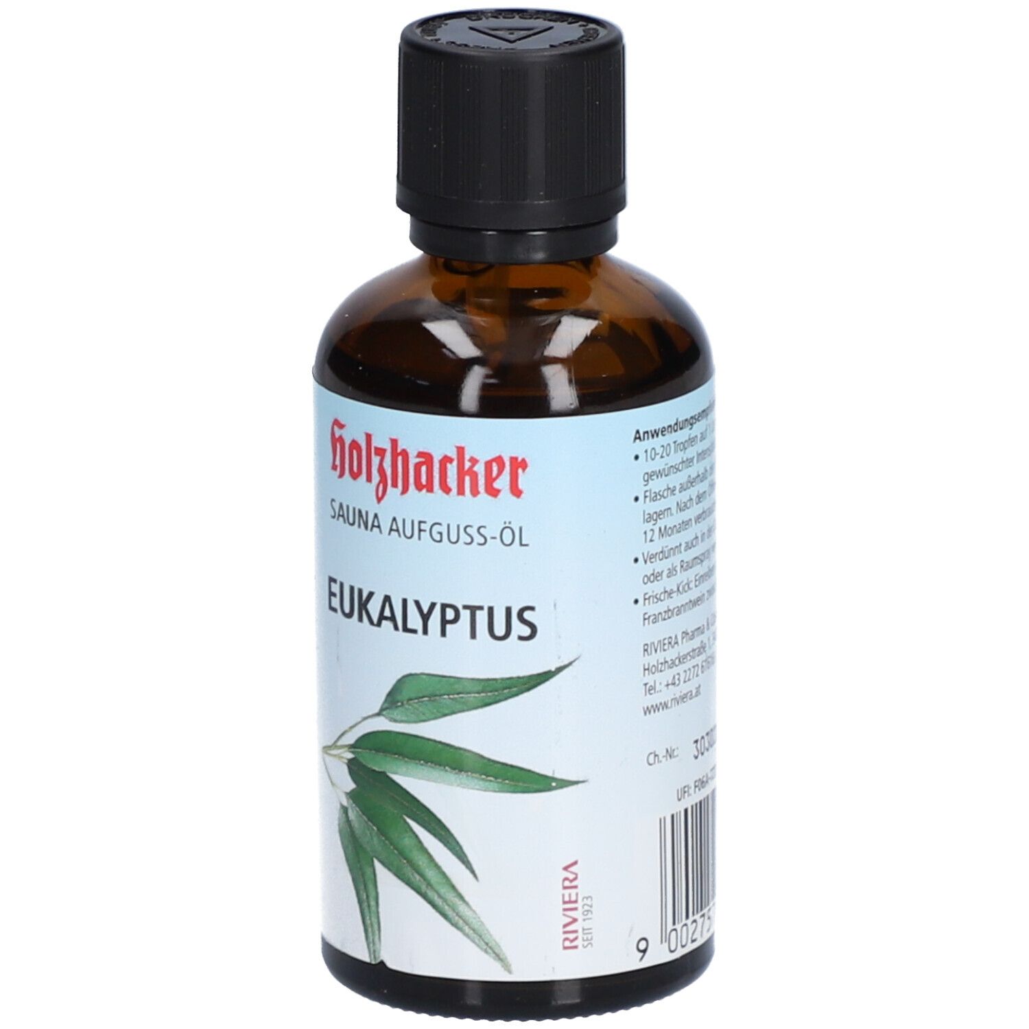 Braune Glasflasche mit schwarzem Deckel. Etikett mit "Holzhacker SAUNA AUFGUSS-ÖL EUKALYPTUS" und Eukalyptus-Abbildung. Text.