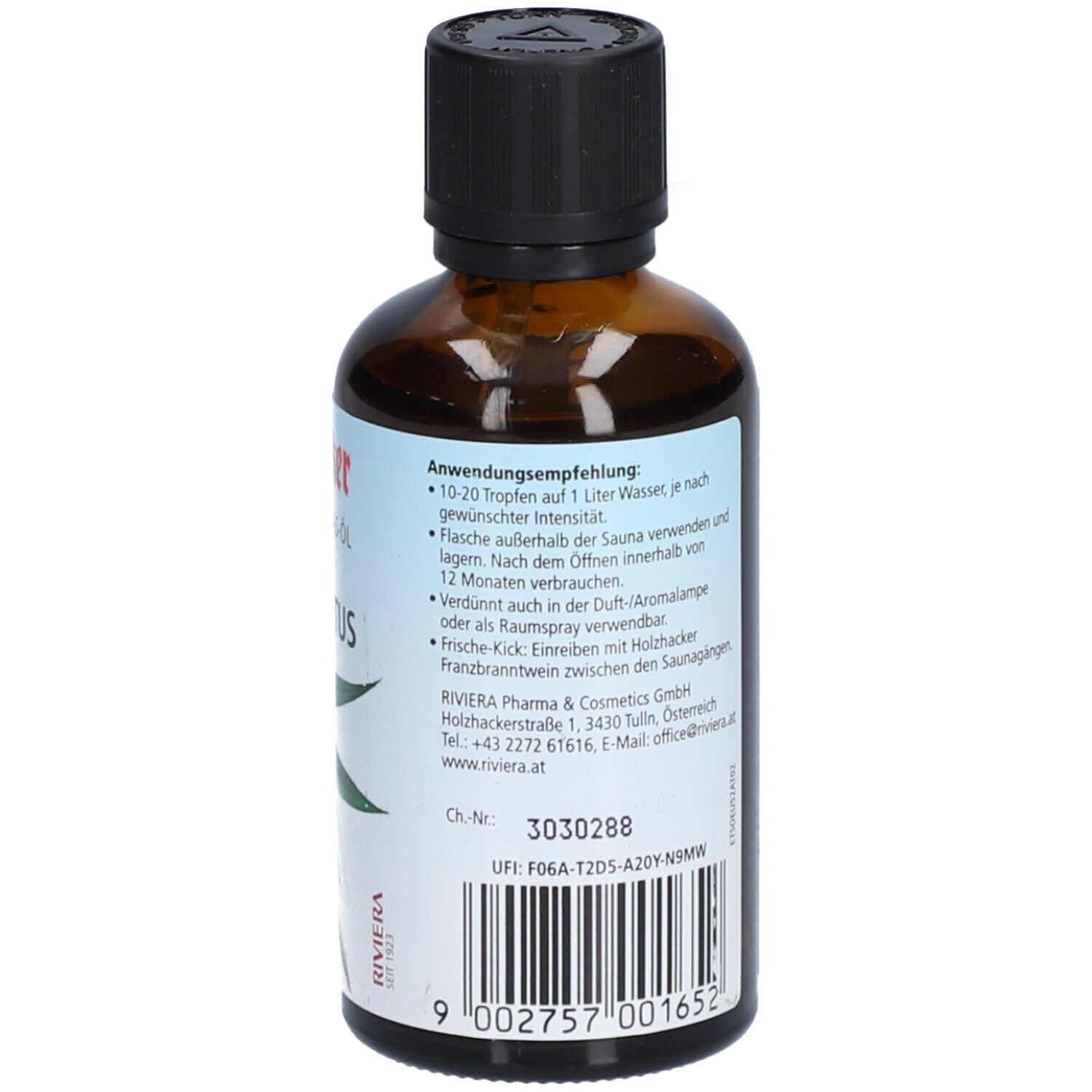 Braune Glasflasche mit schwarzem Deckel. Etikett mit "Holzhacker SAUNA AUFGUSS-ÖL EUKALYPTUS" und Eukalyptus-Abbildung. Text und Barcode.